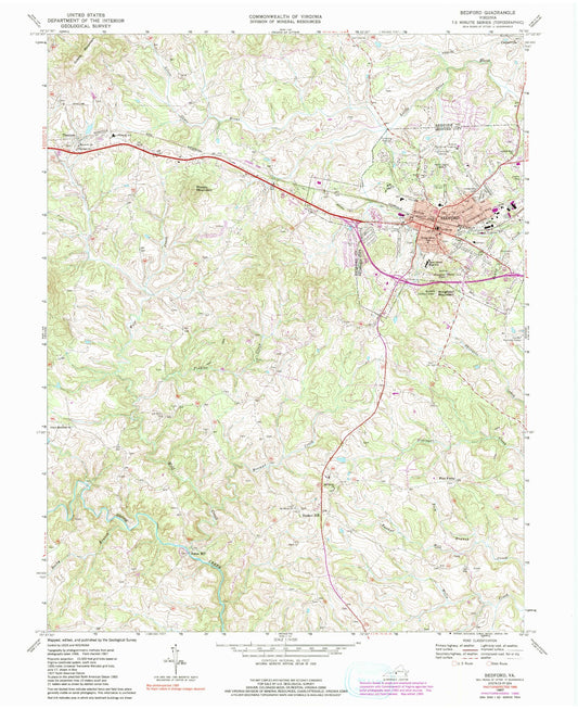 Classic USGS Bedford Virginia 7.5'x7.5' Topo Map Image
