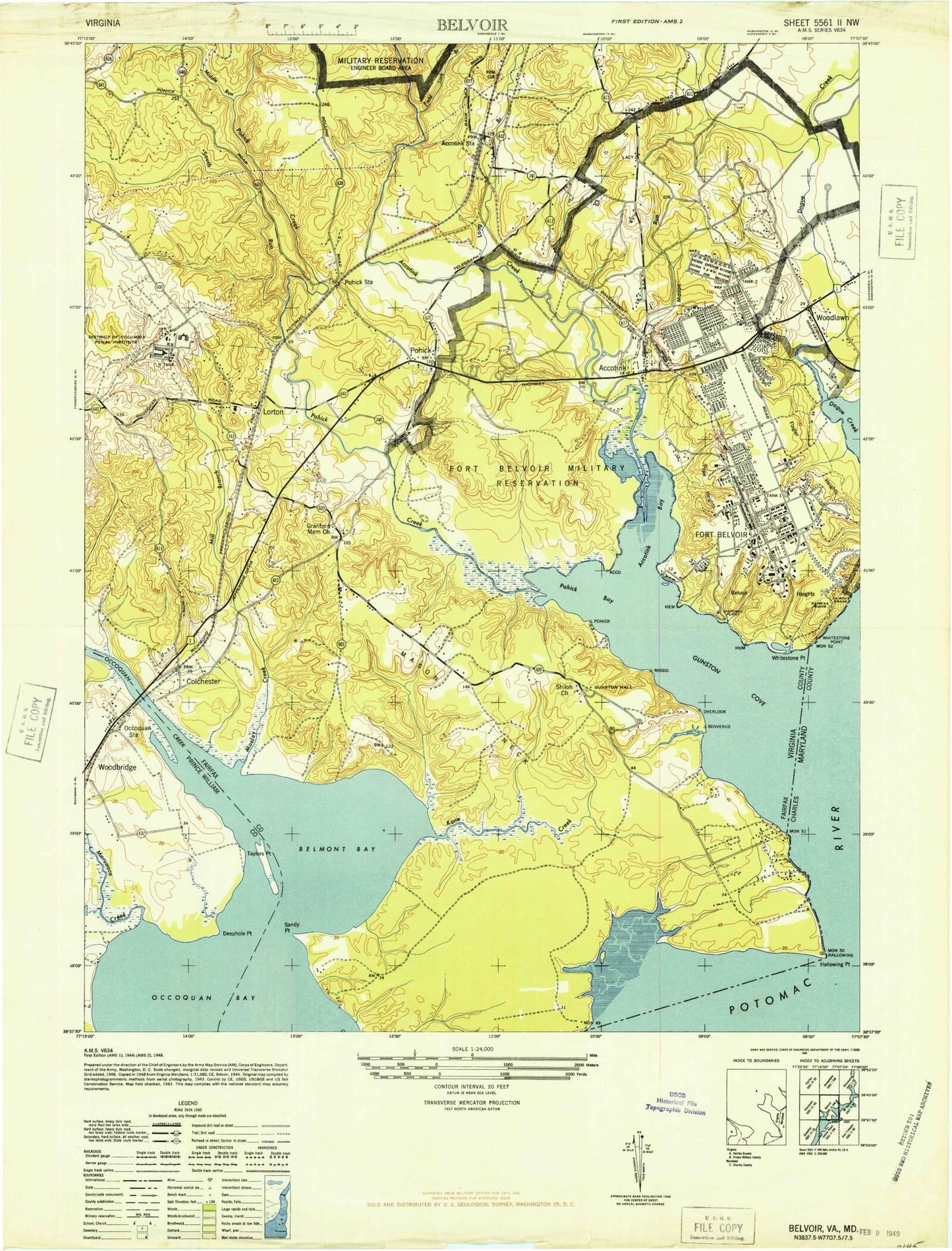 Classic USGS Fort Belvoir Virginia 7.5'x7.5' Topo Map Image