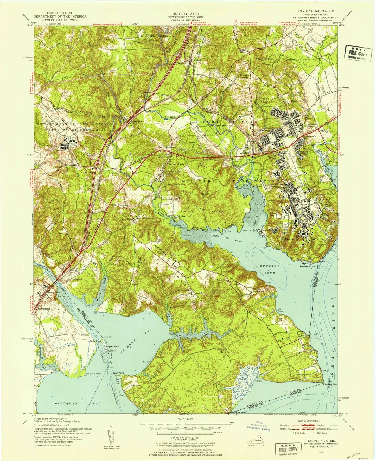 Classic USGS Fort Belvoir Virginia 7.5'x7.5' Topo Map Image