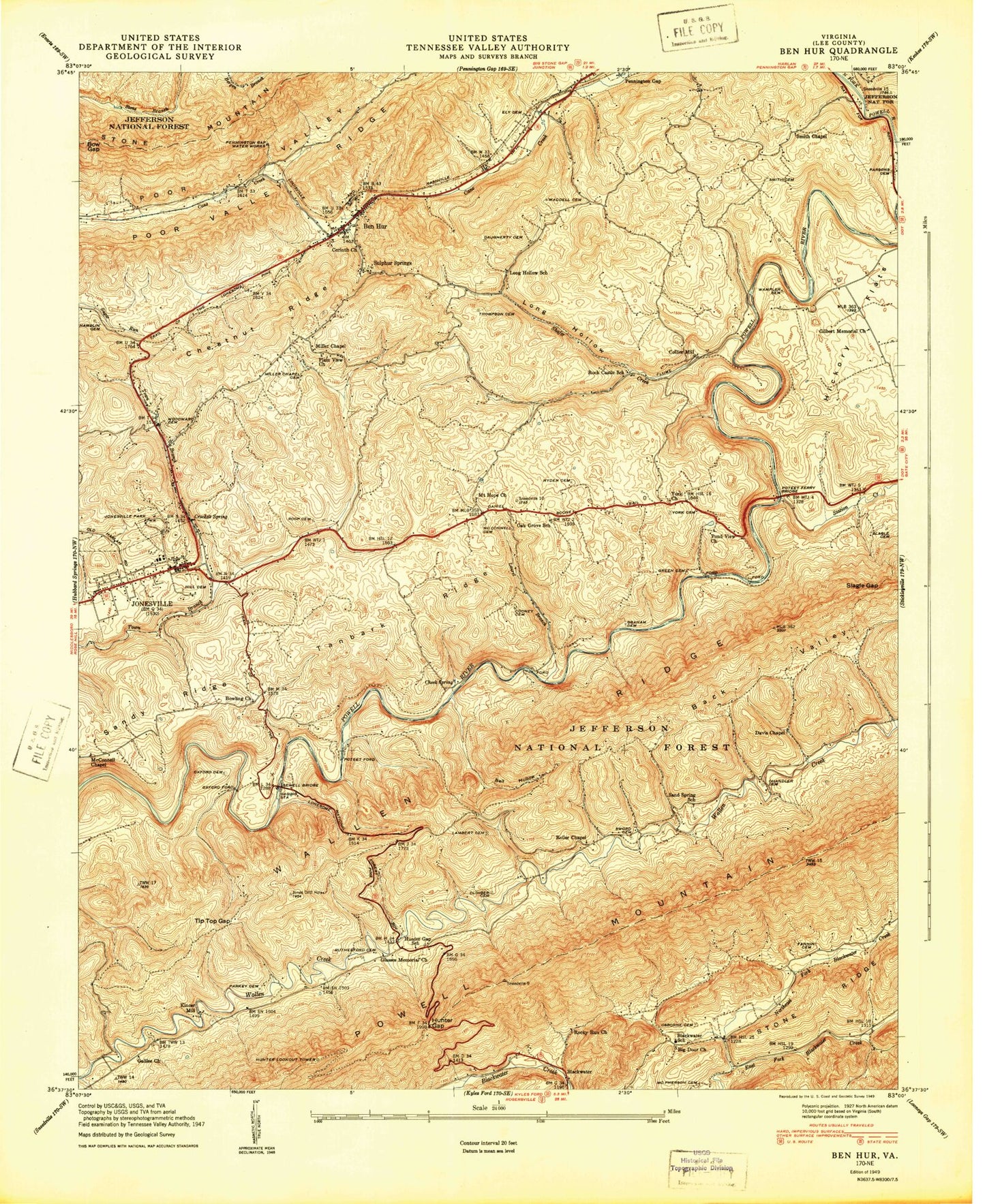 Classic USGS Ben Hur Virginia 7.5'x7.5' Topo Map Image