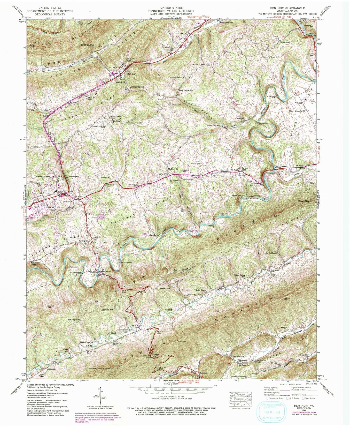 Classic USGS Ben Hur Virginia 7.5'x7.5' Topo Map Image