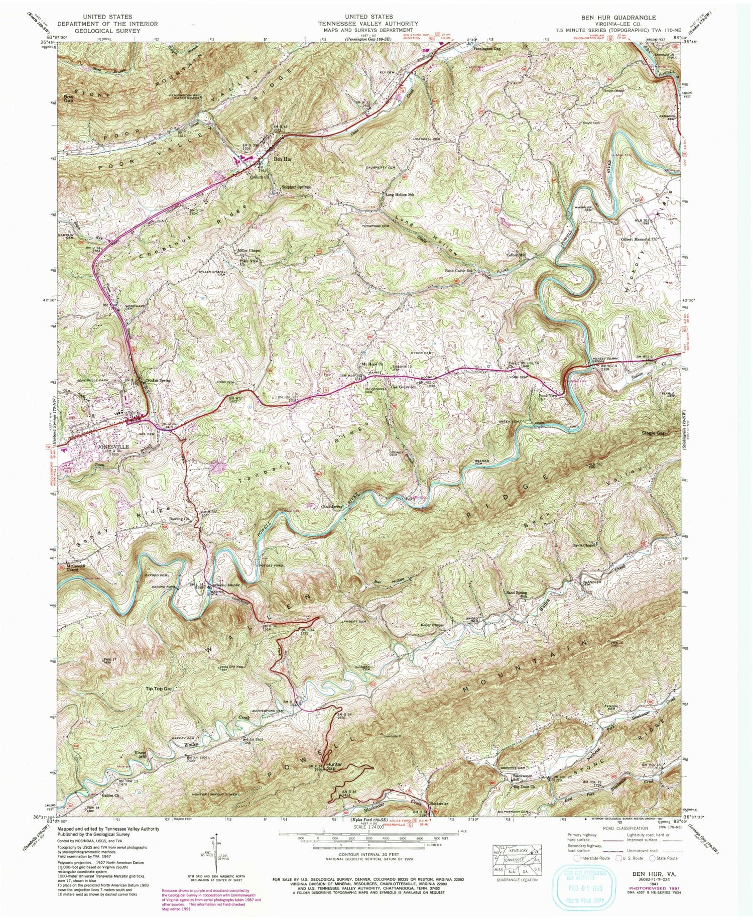 Classic USGS Ben Hur Virginia 7.5'x7.5' Topo Map Image