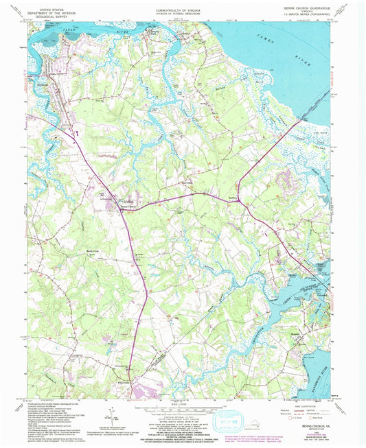 Classic USGS Benns Church Virginia 7.5'x7.5' Topo Map Image