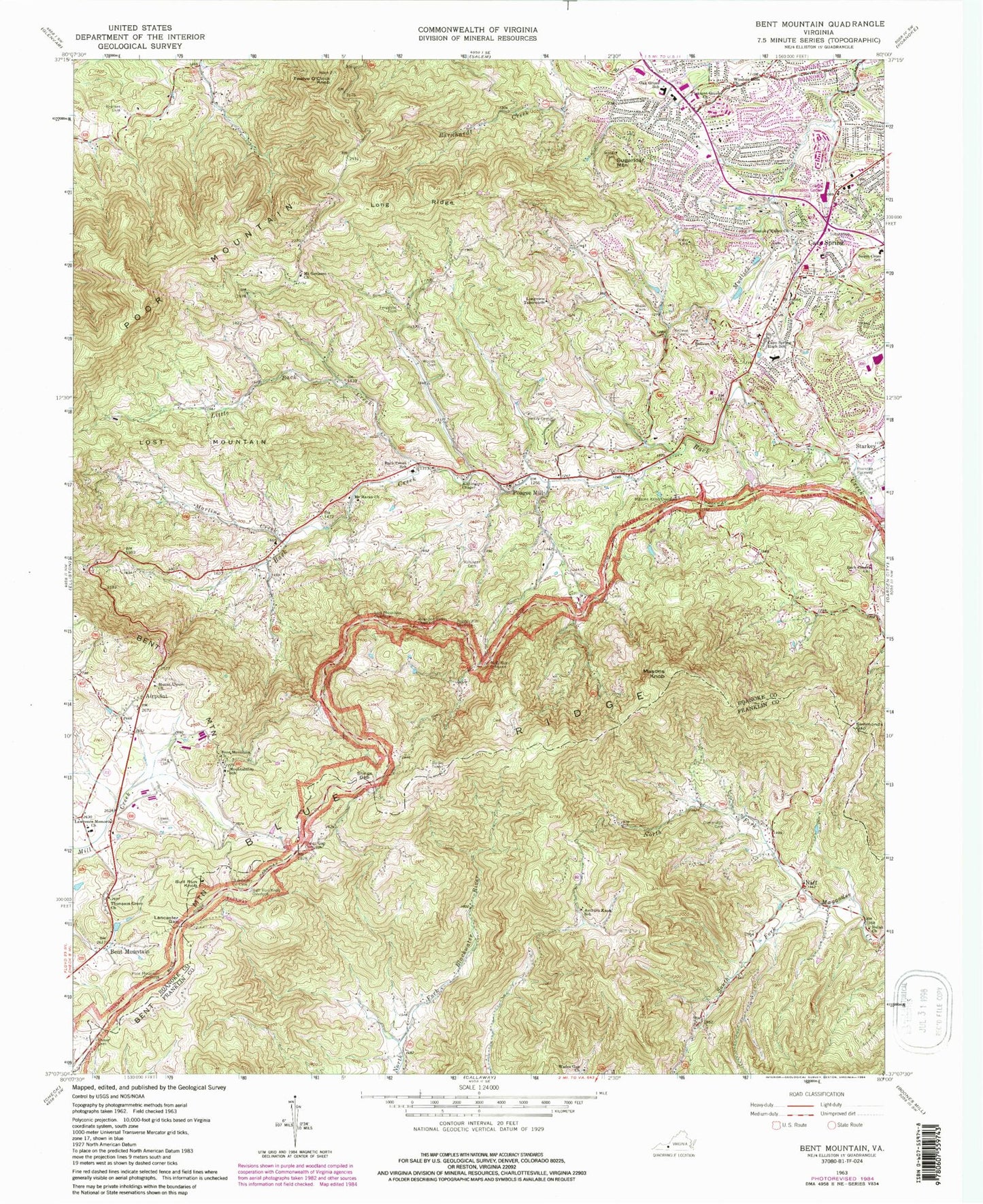 Classic USGS Bent Mountain Virginia 7.5'x7.5' Topo Map Image