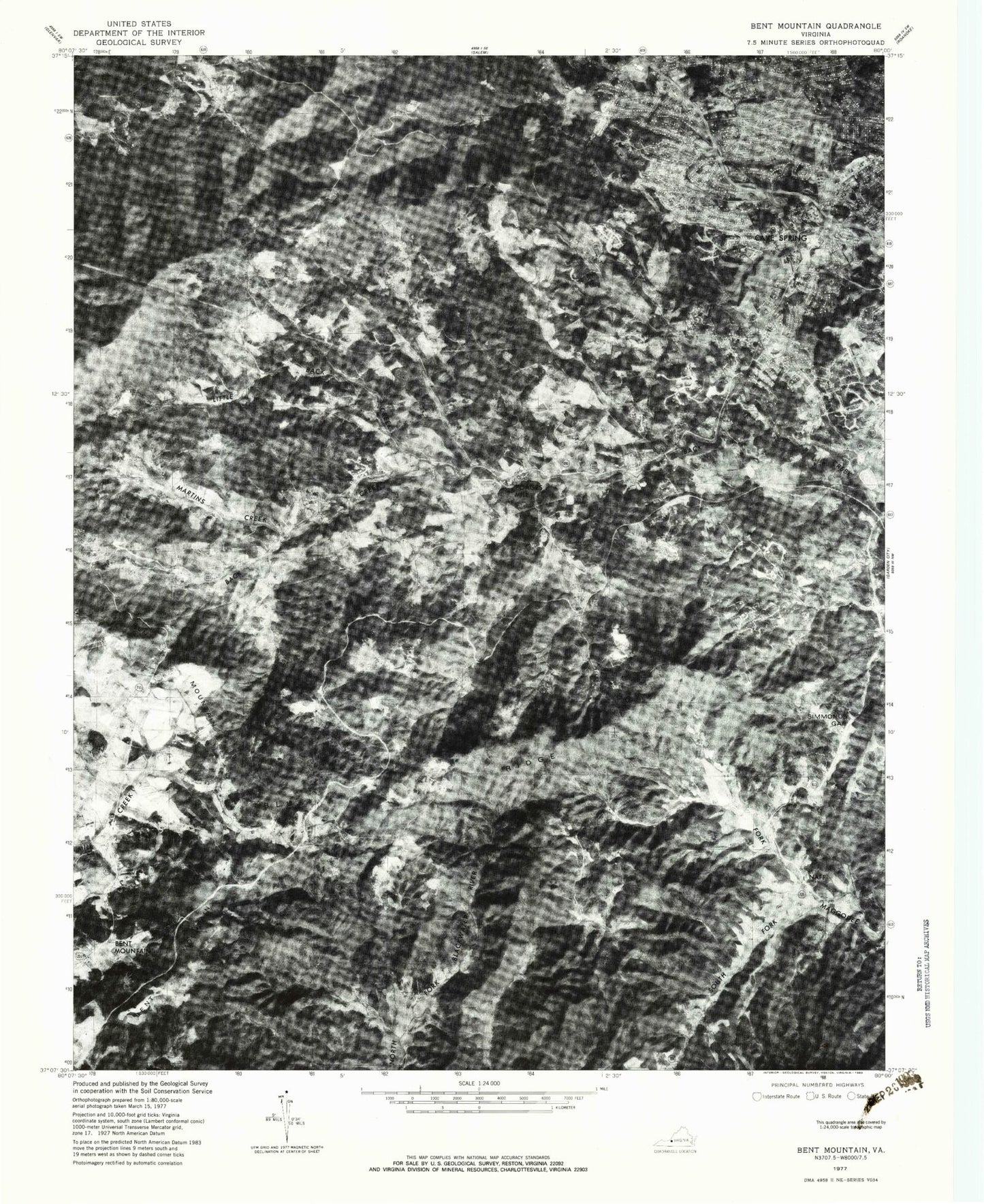 Classic USGS Bent Mountain Virginia 7.5'x7.5' Topo Map Image