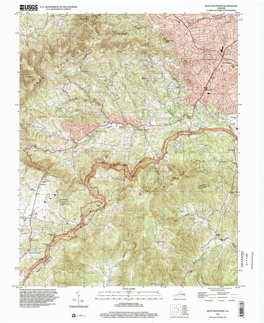 Classic USGS Bent Mountain Virginia 7.5'x7.5' Topo Map Image