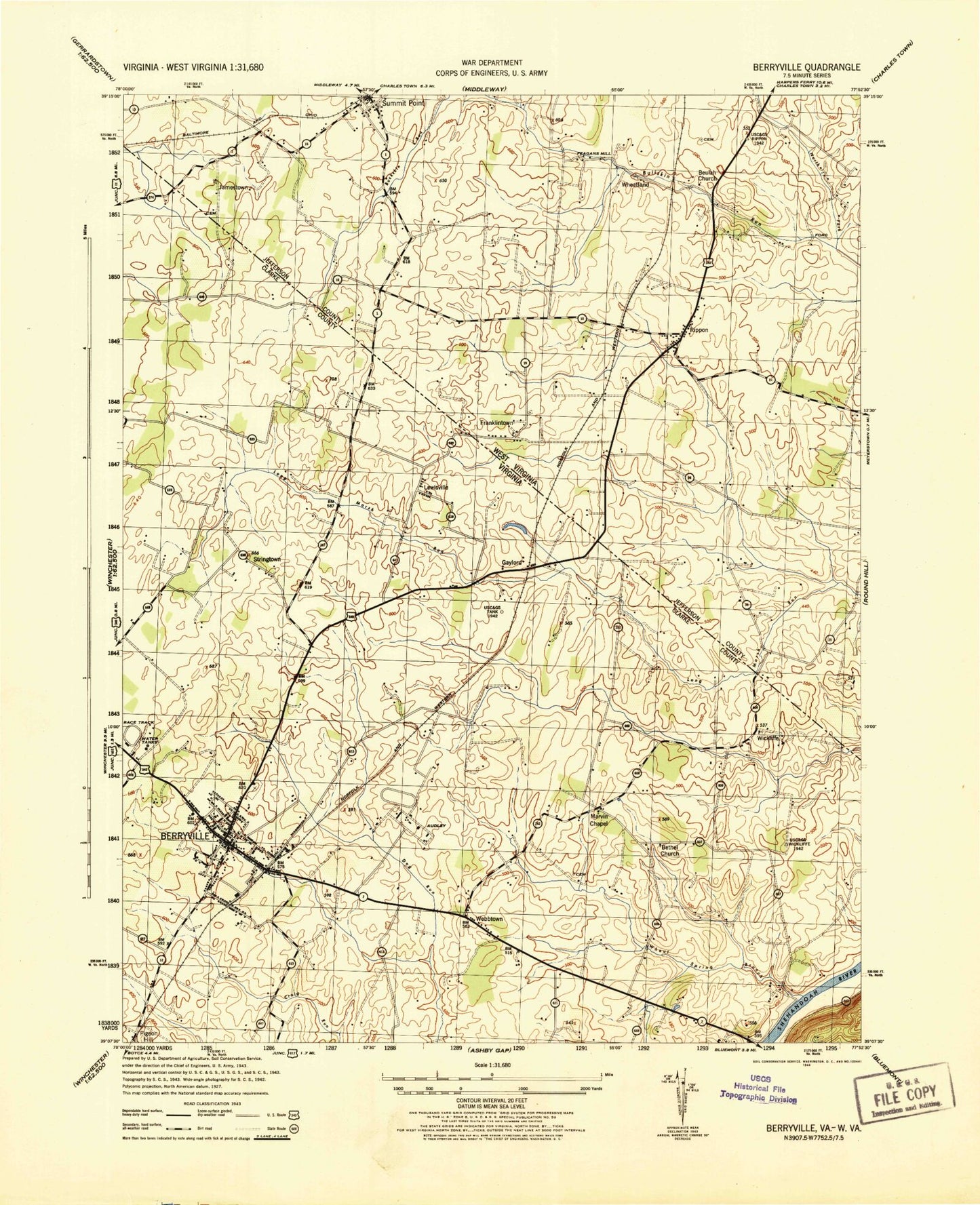 Classic USGS Berryville Virginia 7.5'x7.5' Topo Map Image