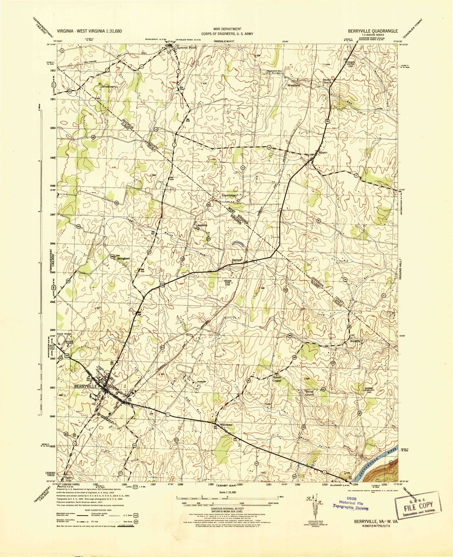 Classic USGS Berryville Virginia 7.5'x7.5' Topo Map Image