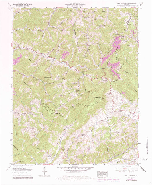 Classic USGS Big A Mountain Virginia 7.5'x7.5' Topo Map Image