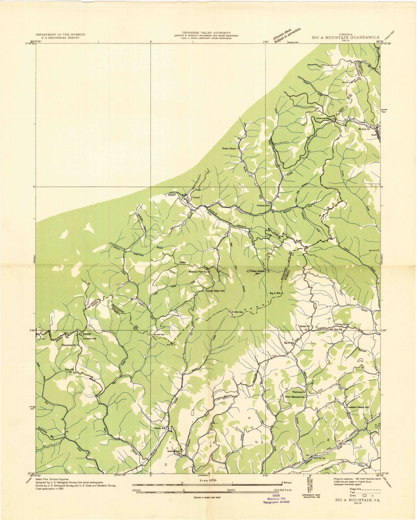 Classic USGS Big A Mountain Virginia 7.5'x7.5' Topo Map Image