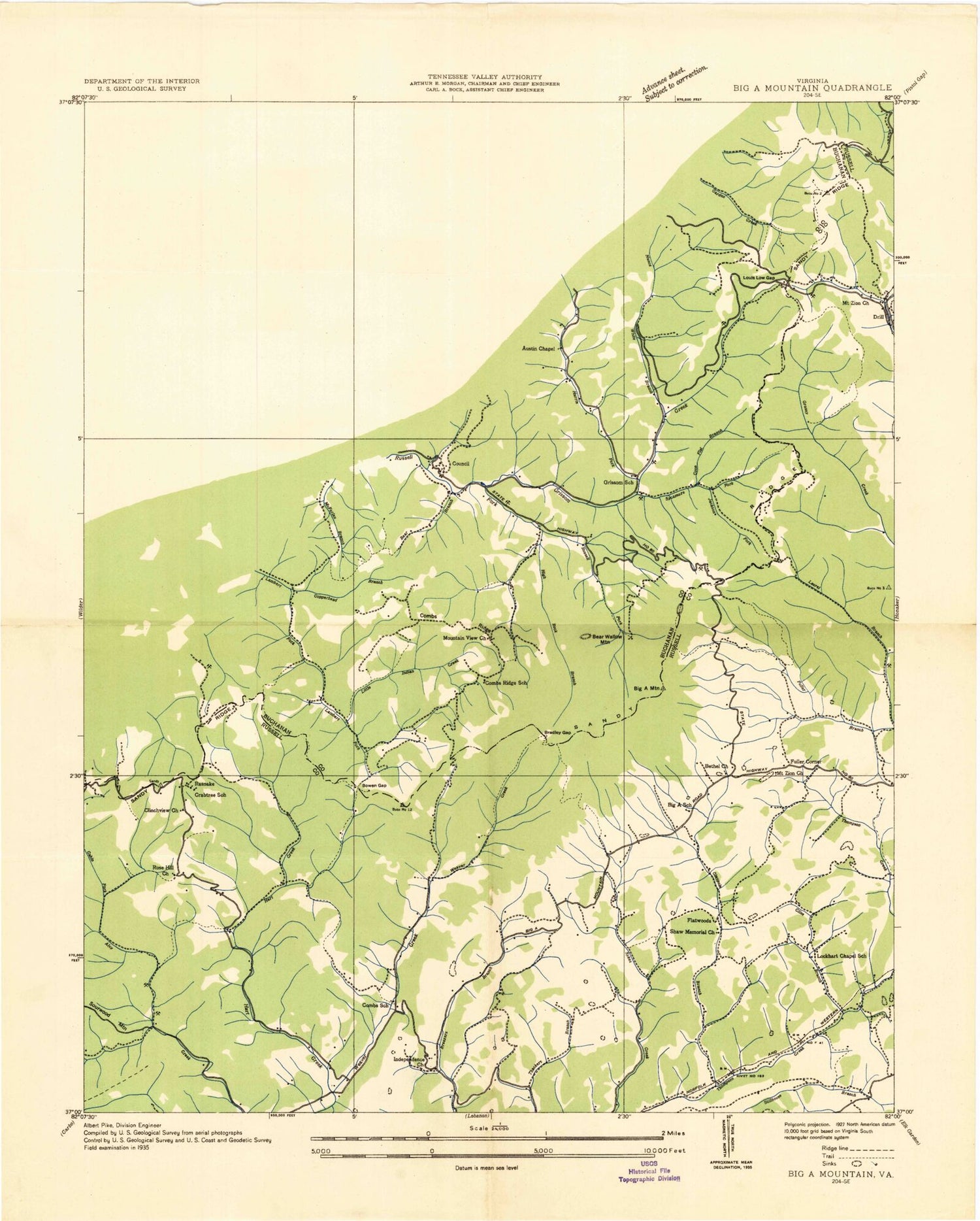 Classic USGS Big A Mountain Virginia 7.5'x7.5' Topo Map Image