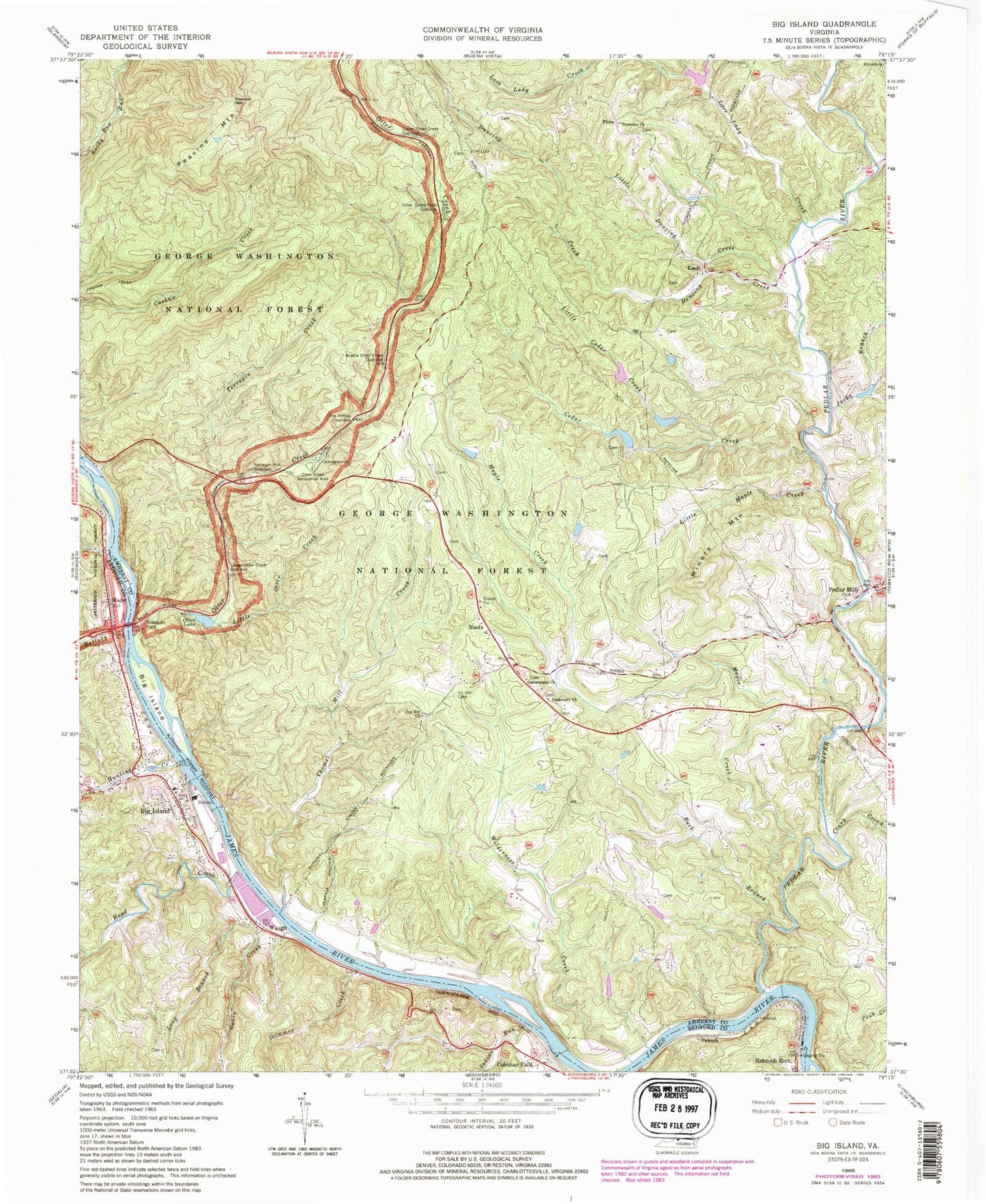 Classic USGS Big Island Virginia 7.5'x7.5' Topo Map Image