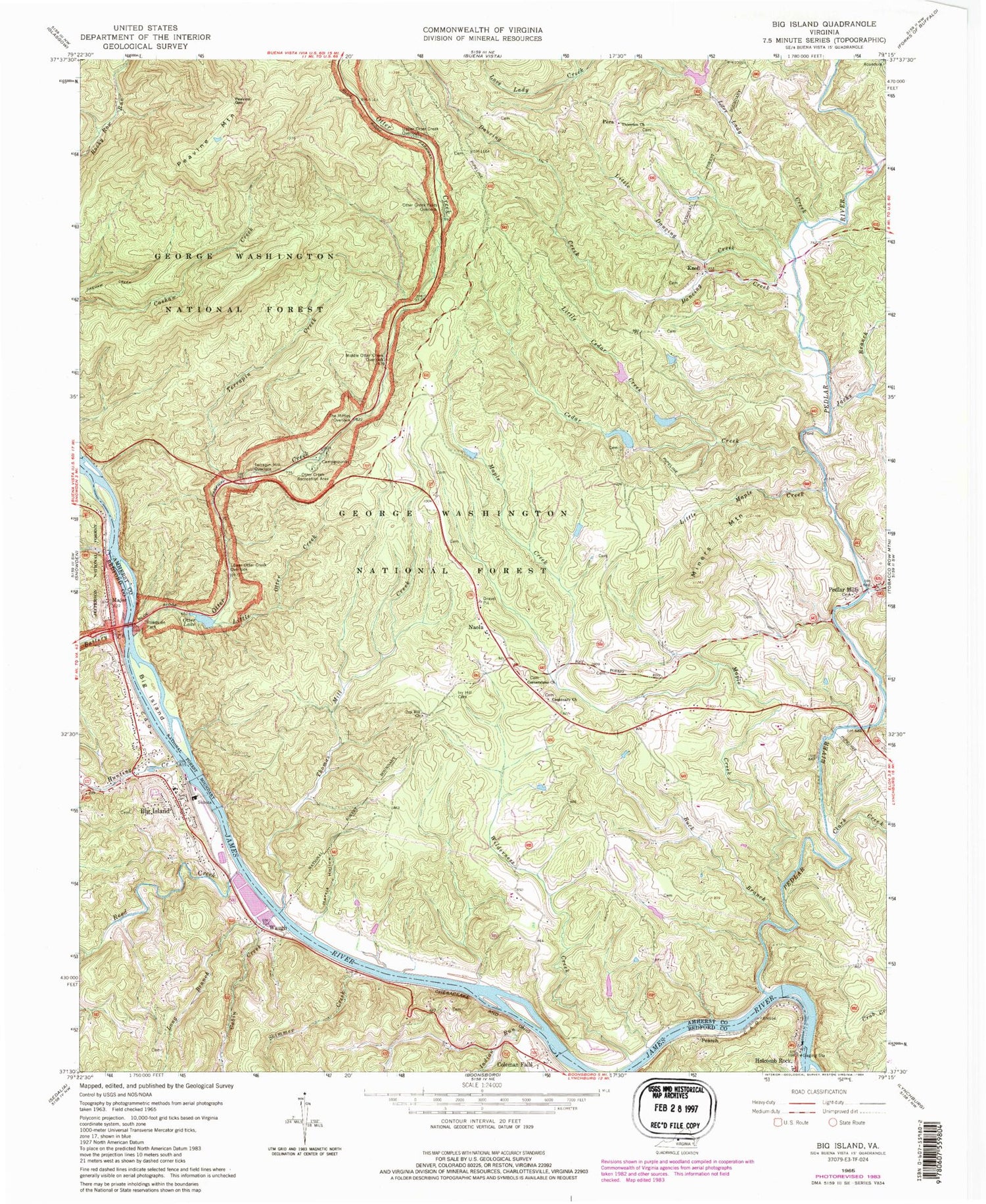 Classic USGS Big Island Virginia 7.5'x7.5' Topo Map Image