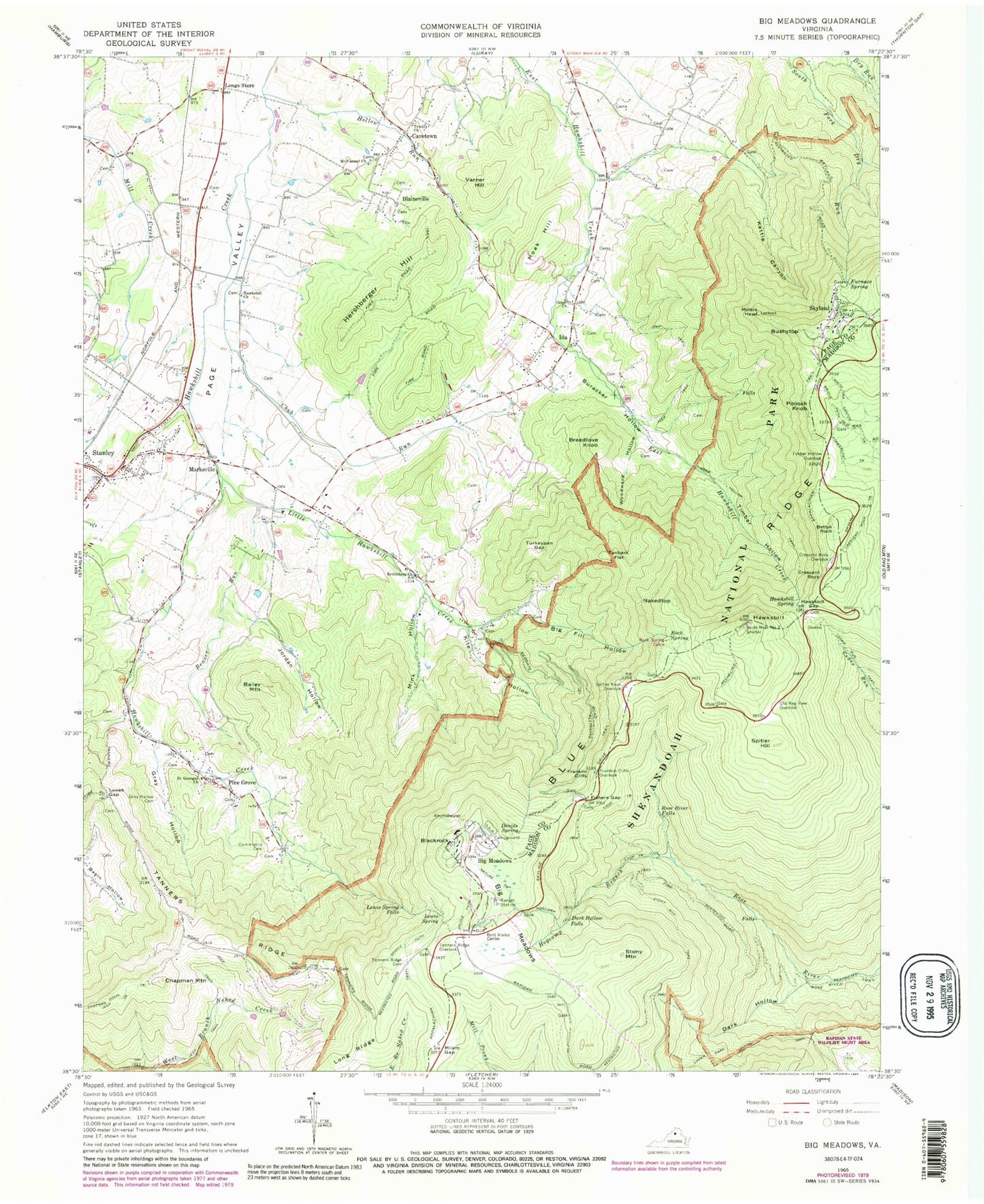 Classic USGS Big Meadows Virginia 7.5'x7.5' Topo Map Image