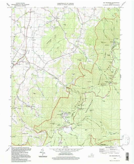 Classic USGS Big Meadows Virginia 7.5'x7.5' Topo Map Image