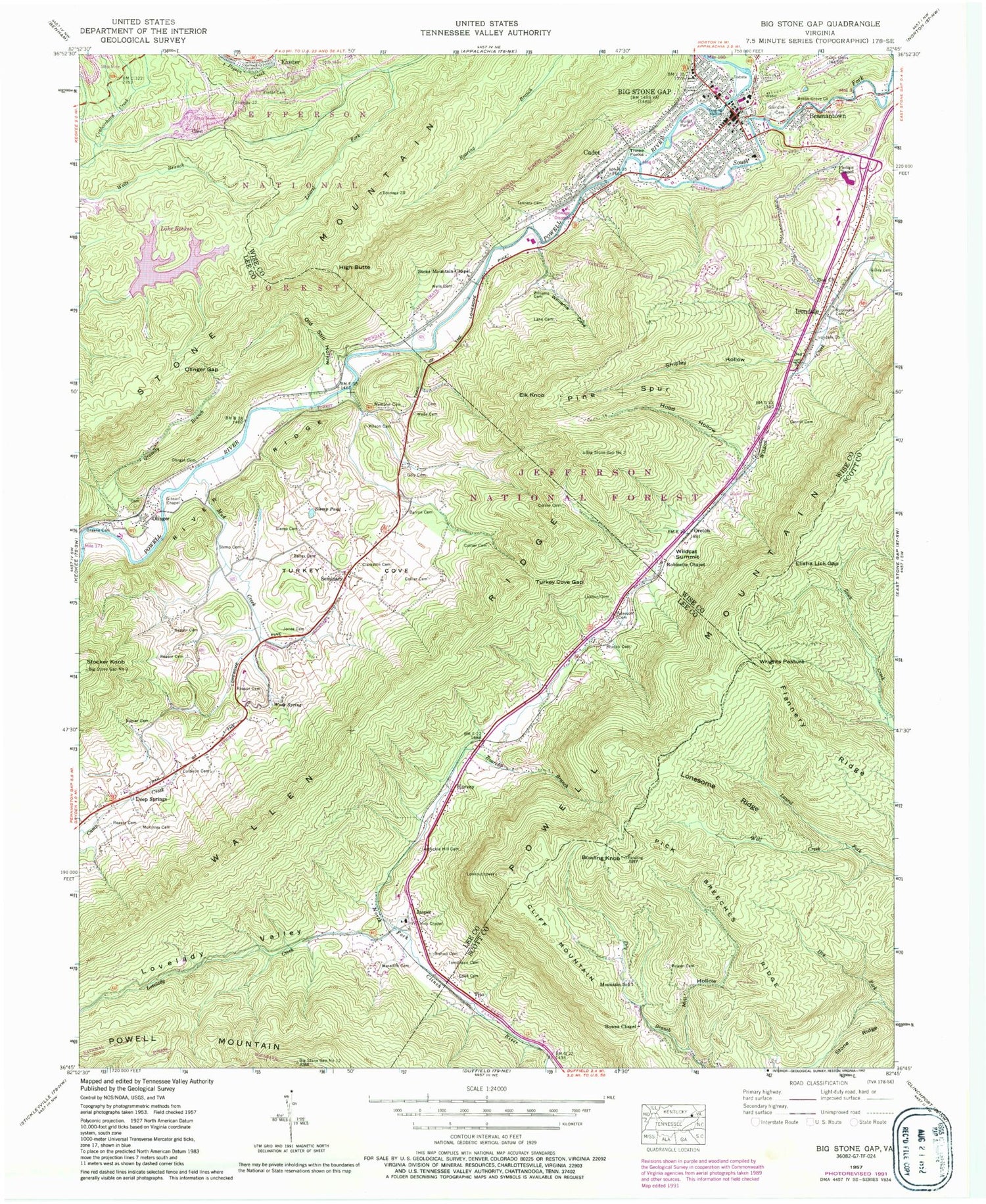 Classic USGS Big Stone Gap Virginia 7.5'x7.5' Topo Map Image