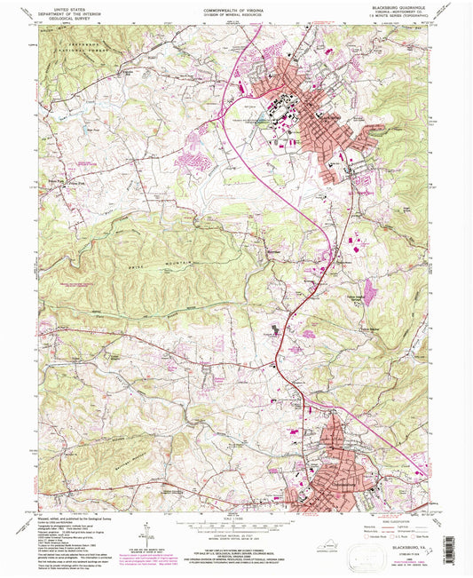Classic USGS Blacksburg Virginia 7.5'x7.5' Topo Map Image