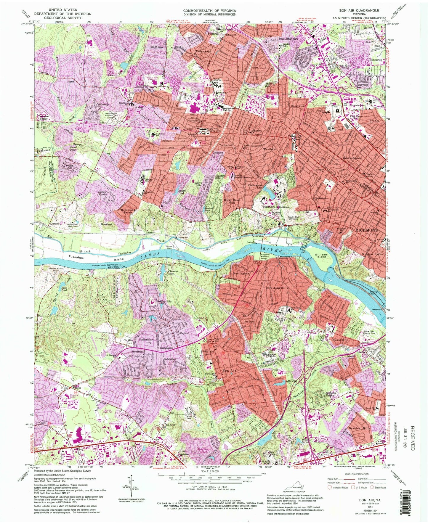 Classic USGS Bon Air Virginia 7.5'x7.5' Topo Map Image