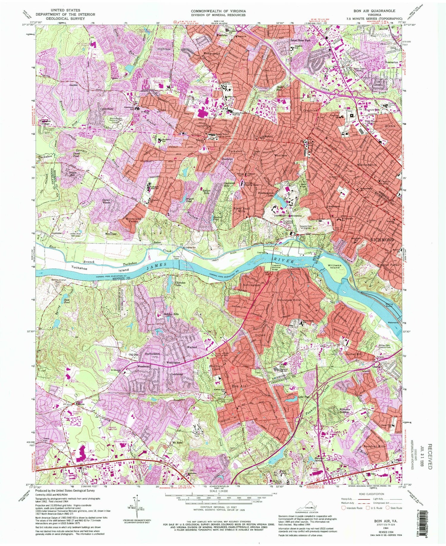 Classic USGS Bon Air Virginia 7.5'x7.5' Topo Map Image