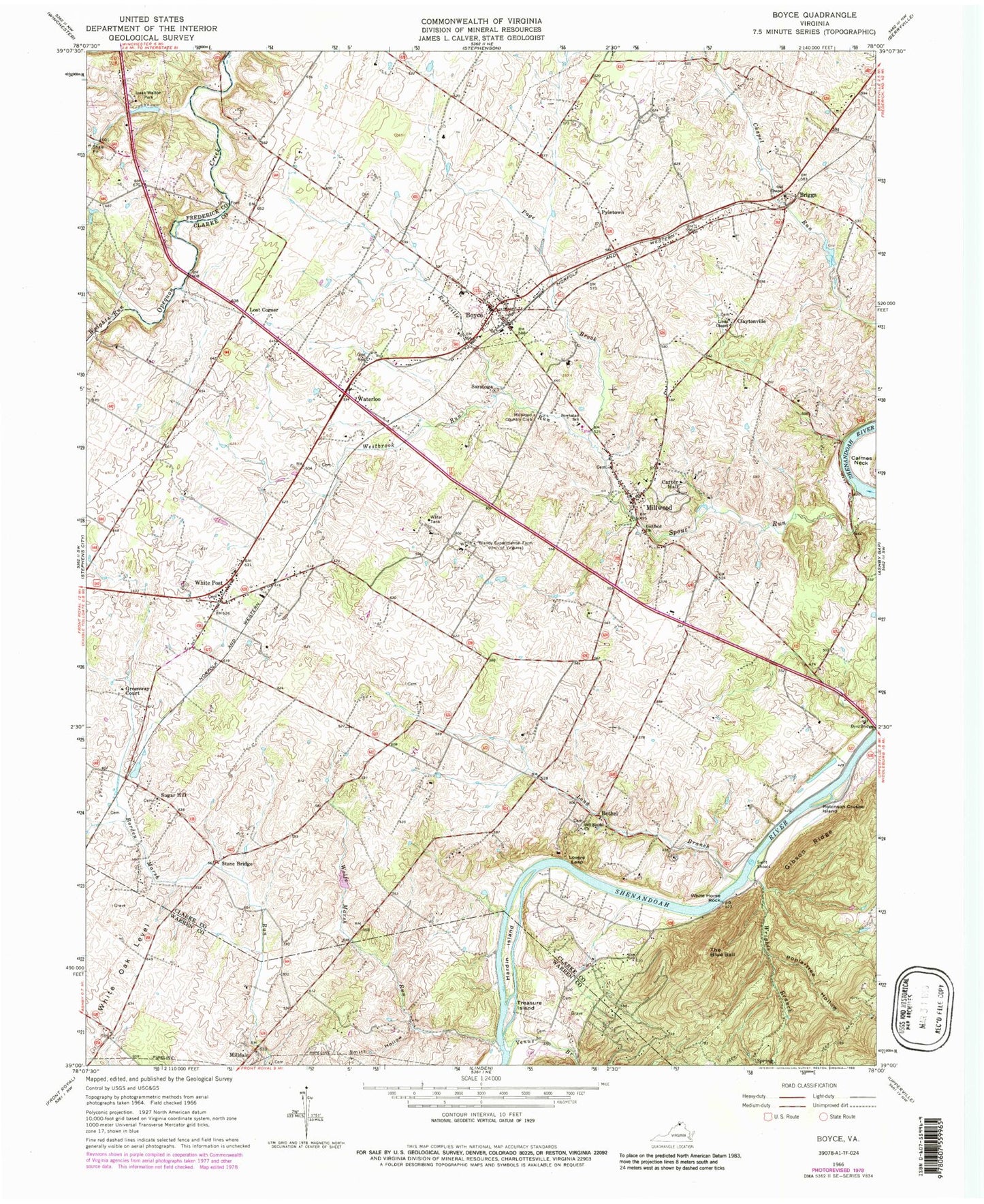 Classic USGS Boyce Virginia 7.5'x7.5' Topo Map Image