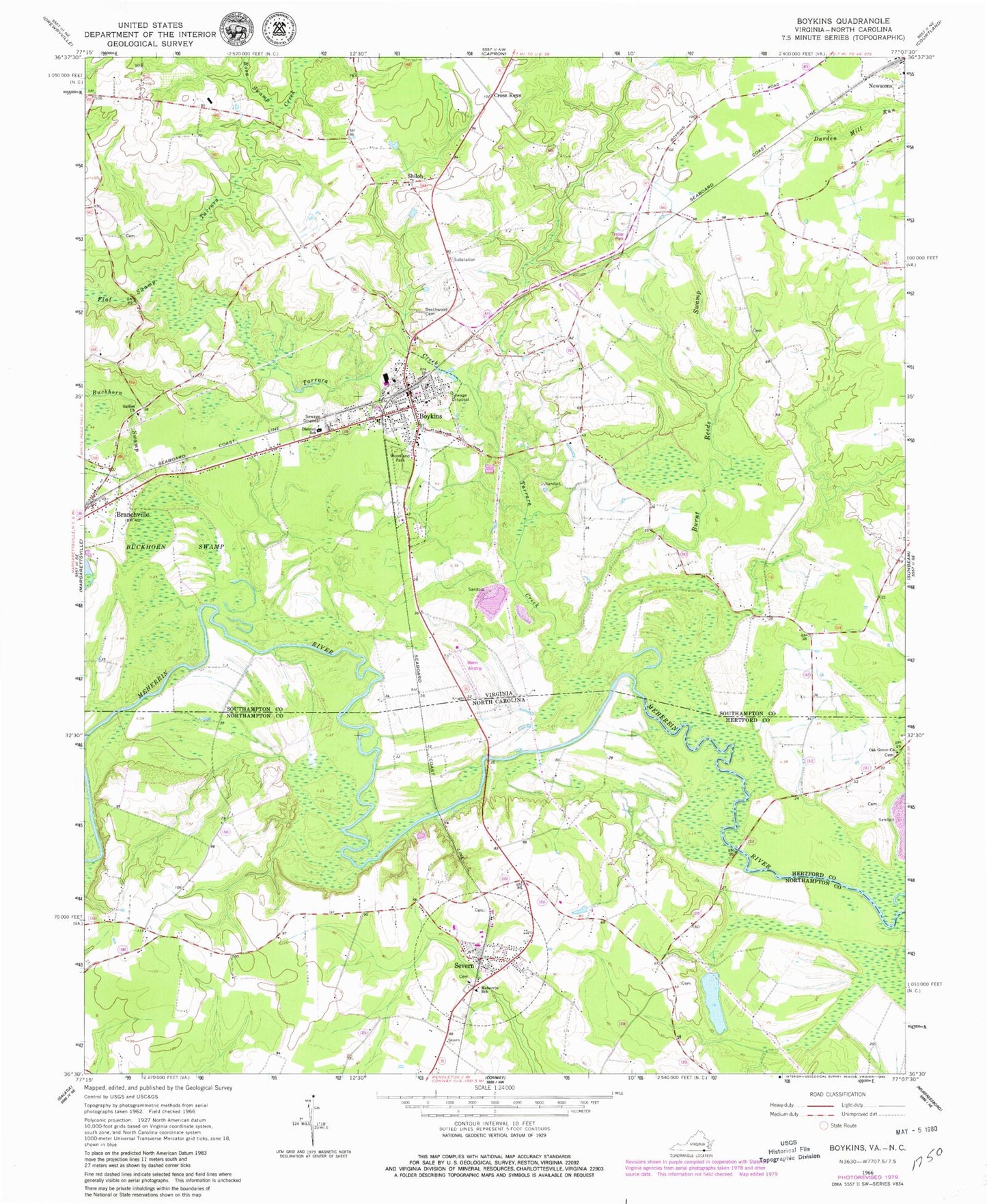 Classic USGS Boykins Virginia 7.5'x7.5' Topo Map Image