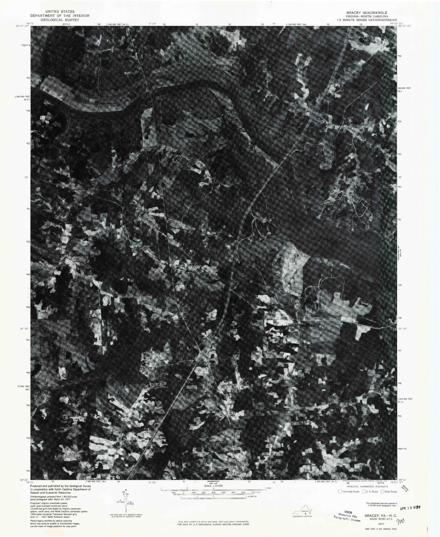 Classic USGS Bracey Virginia 7.5'x7.5' Topo Map Image