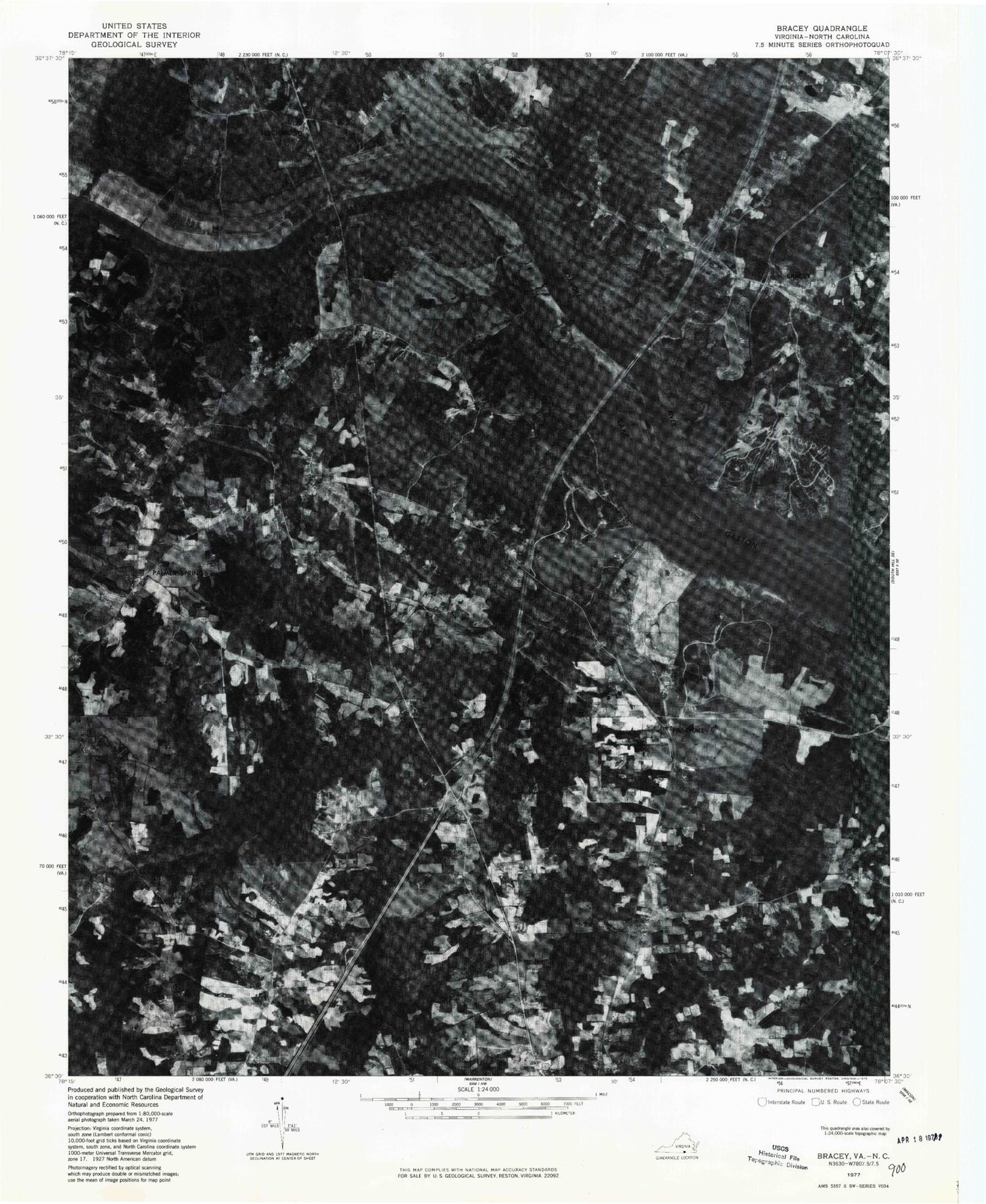 Classic USGS Bracey Virginia 7.5'x7.5' Topo Map Image