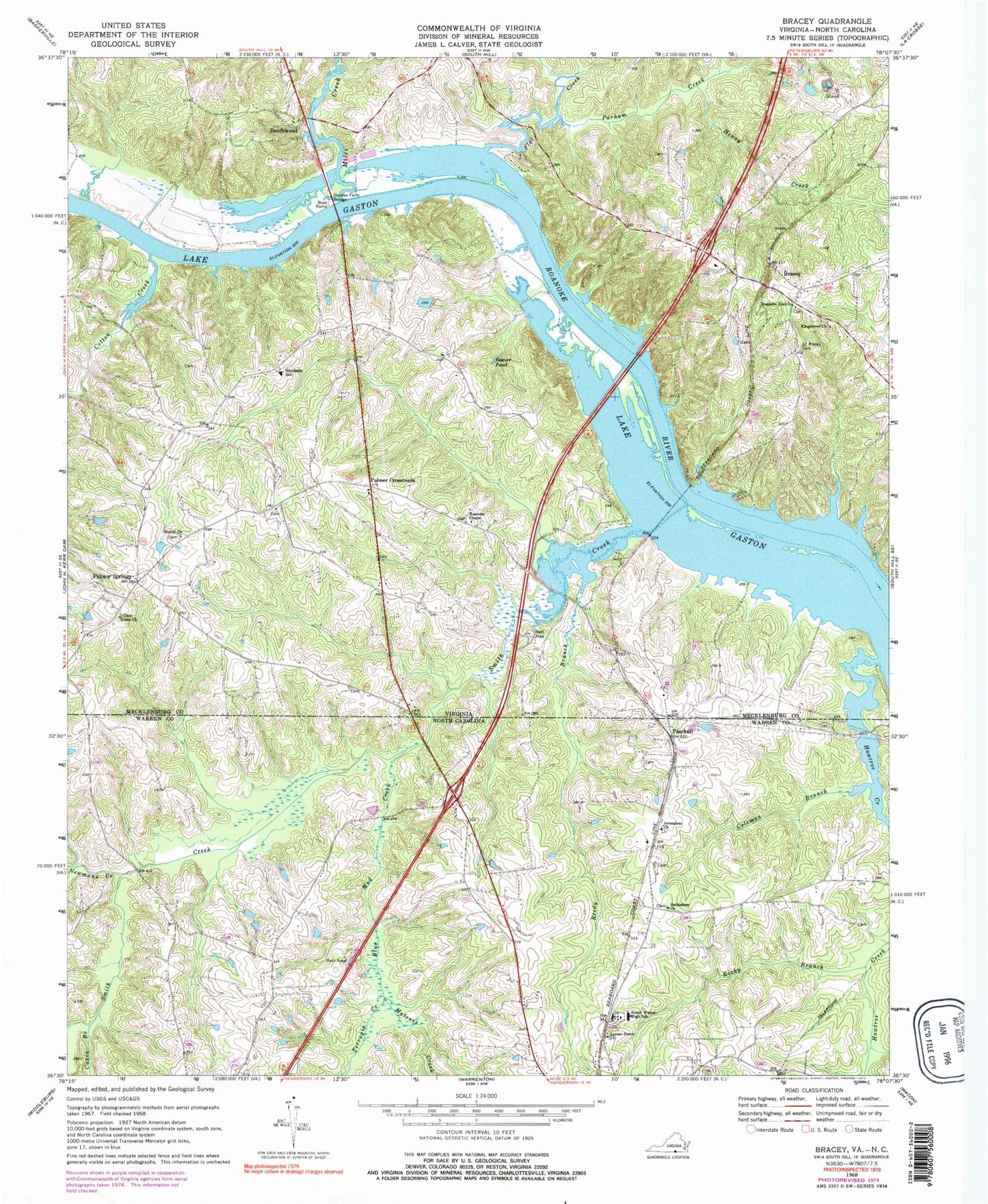 Classic USGS Bracey Virginia 7.5'x7.5' Topo Map Image