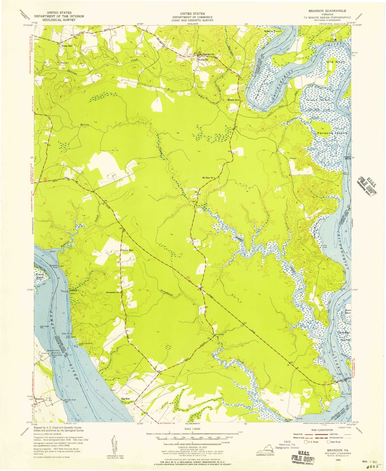 Classic USGS Brandon Virginia 7.5'x7.5' Topo Map Image