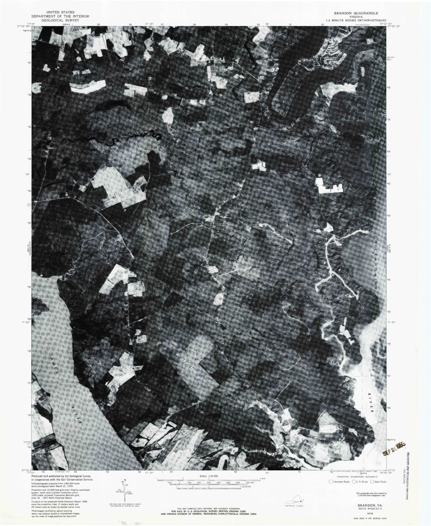 Classic USGS Brandon Virginia 7.5'x7.5' Topo Map Image