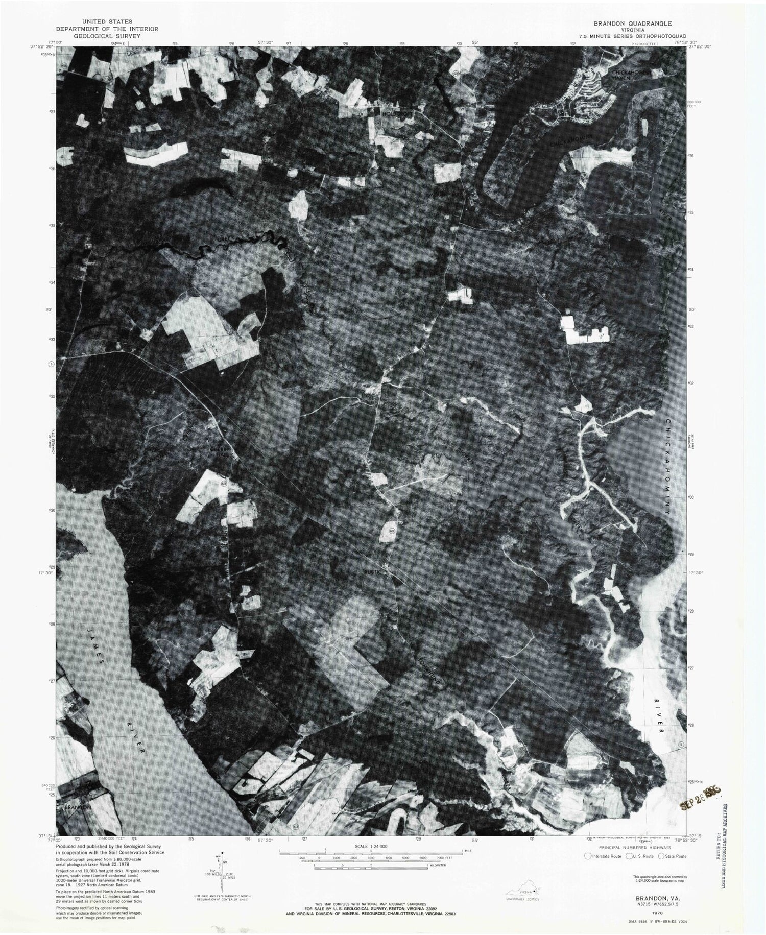 Classic USGS Brandon Virginia 7.5'x7.5' Topo Map Image