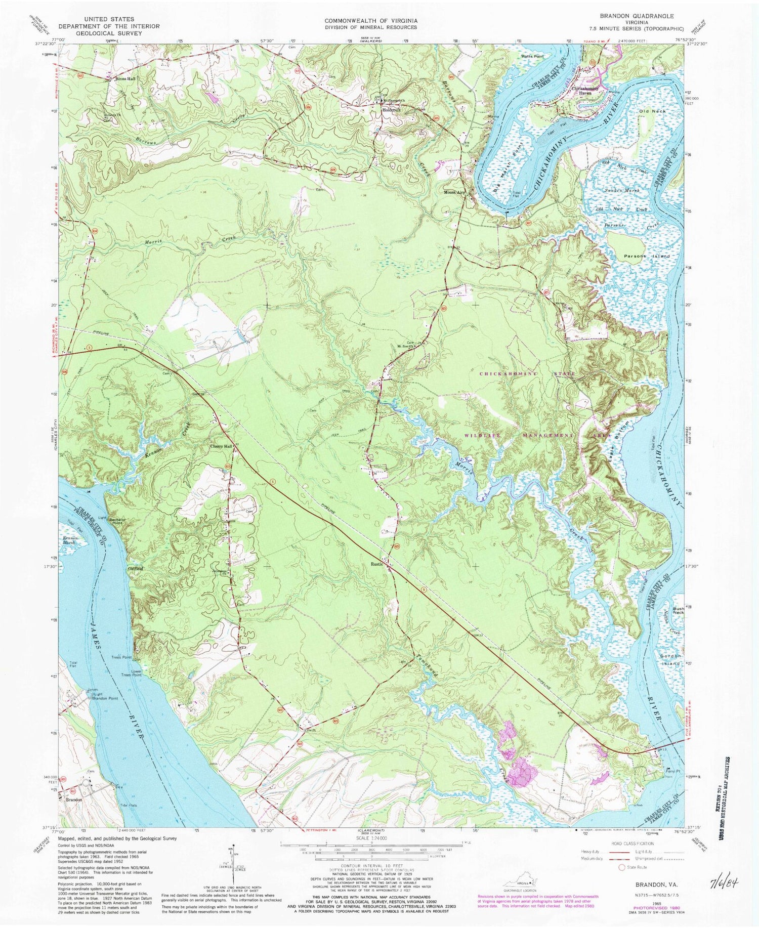 Classic USGS Brandon Virginia 7.5'x7.5' Topo Map Image