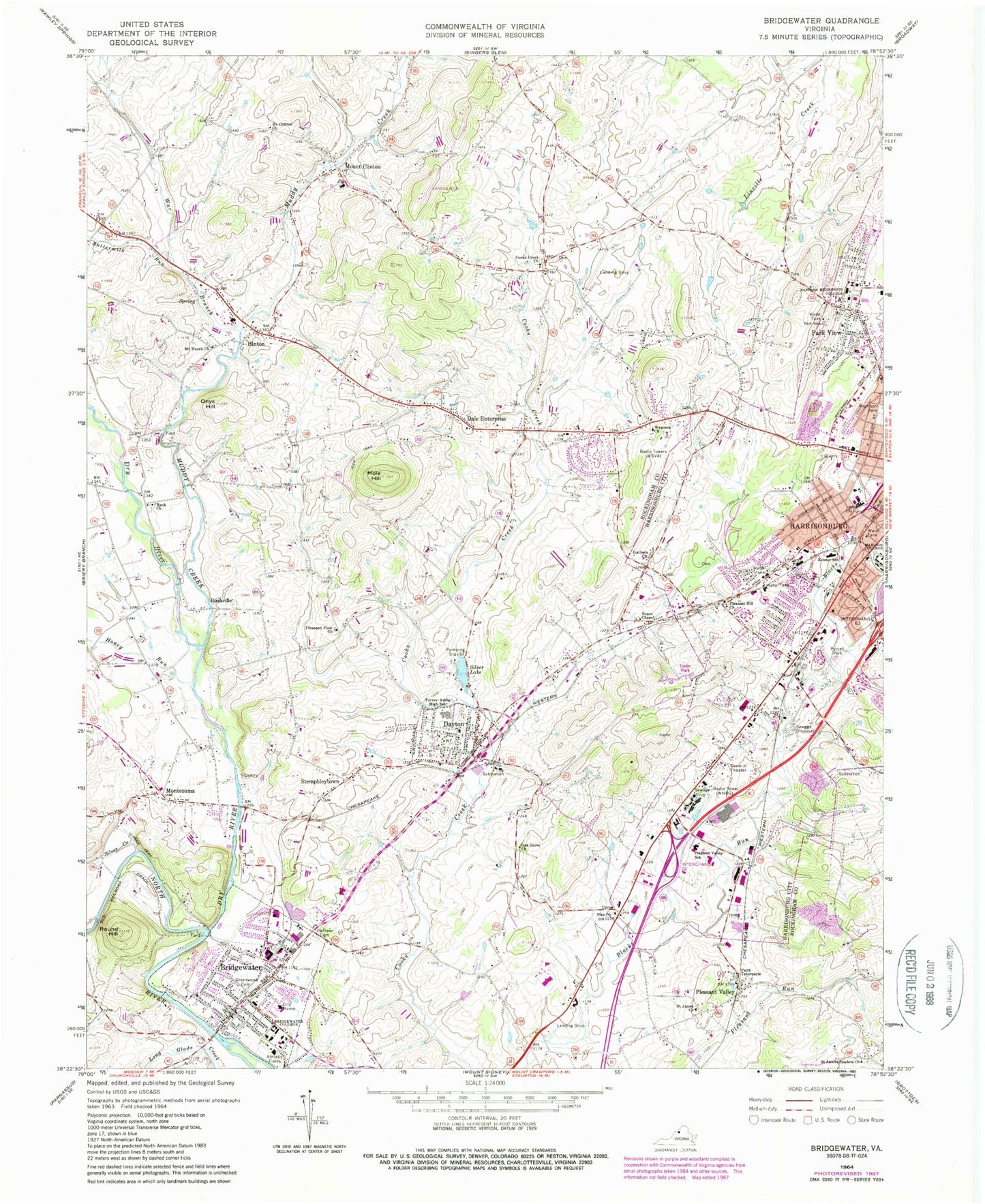 Classic USGS Bridgewater Virginia 7.5'x7.5' Topo Map Image