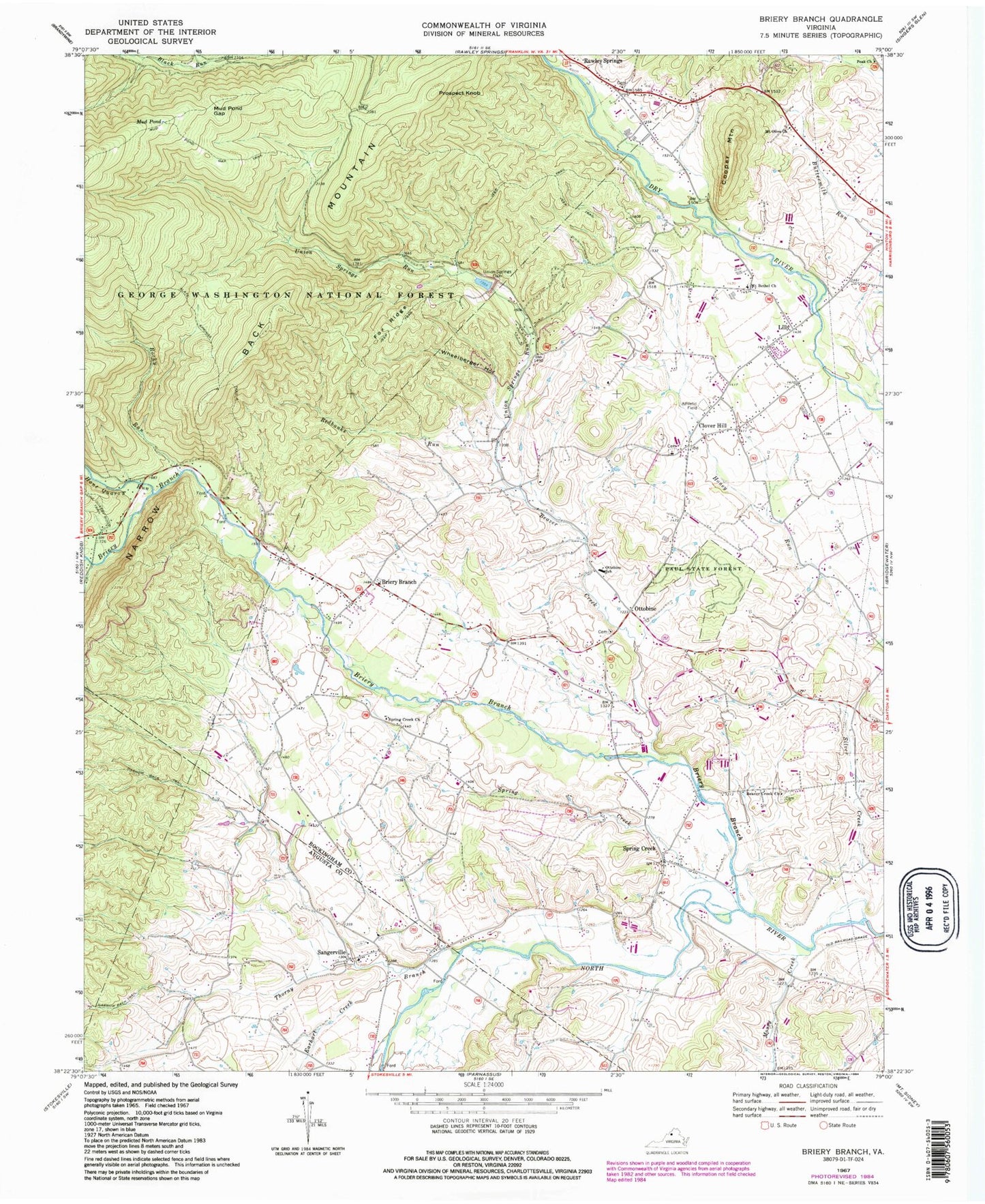 Classic USGS Briery Branch Virginia 7.5'x7.5' Topo Map Image