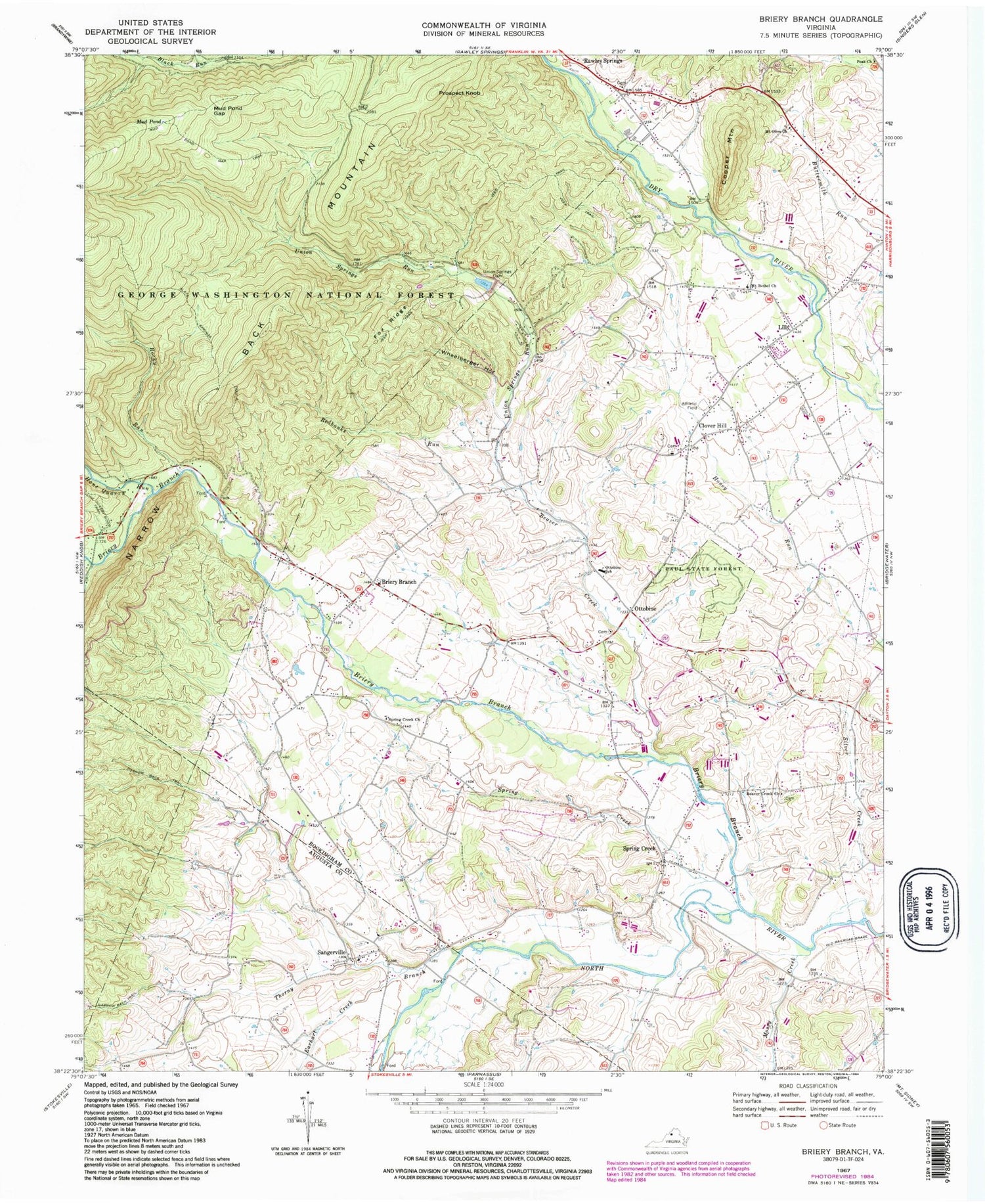Classic USGS Briery Branch Virginia 7.5'x7.5' Topo Map Image