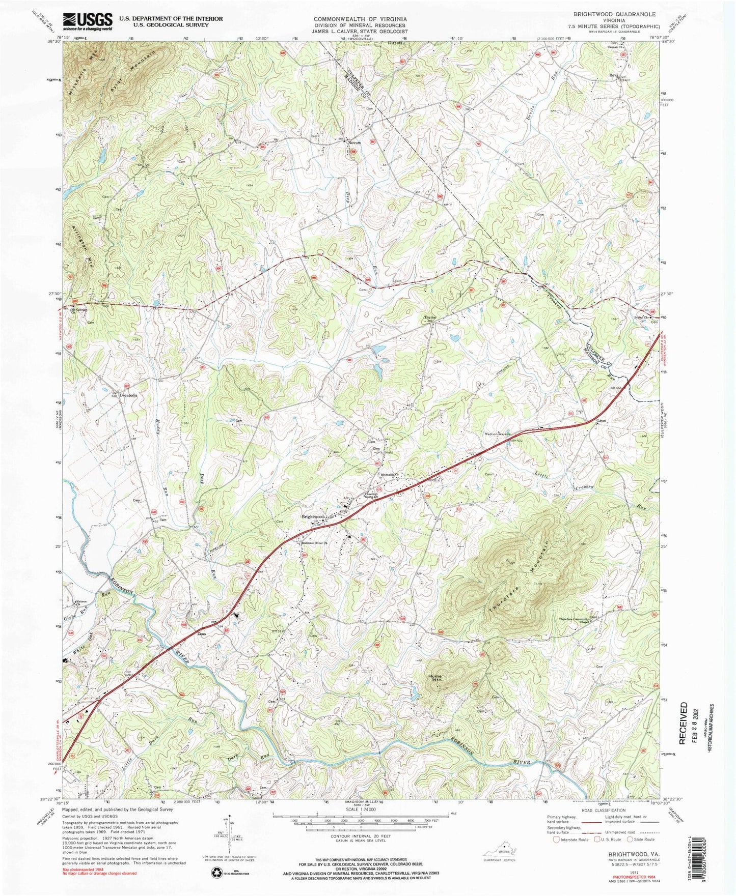 Classic USGS Brightwood Virginia 7.5'x7.5' Topo Map Image