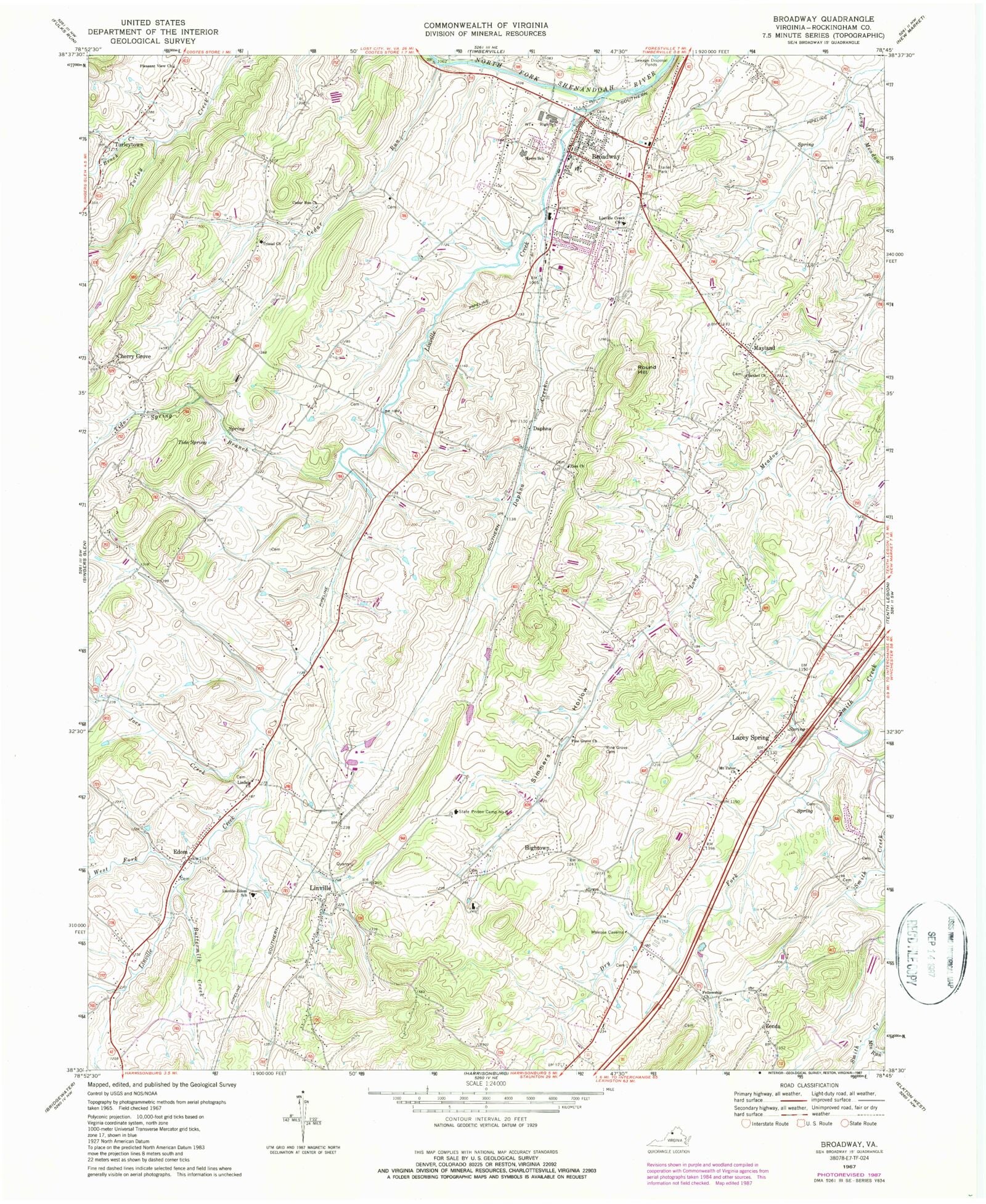 Classic USGS Broadway Virginia 7.5'x7.5' Topo Map MyTopo Map Store