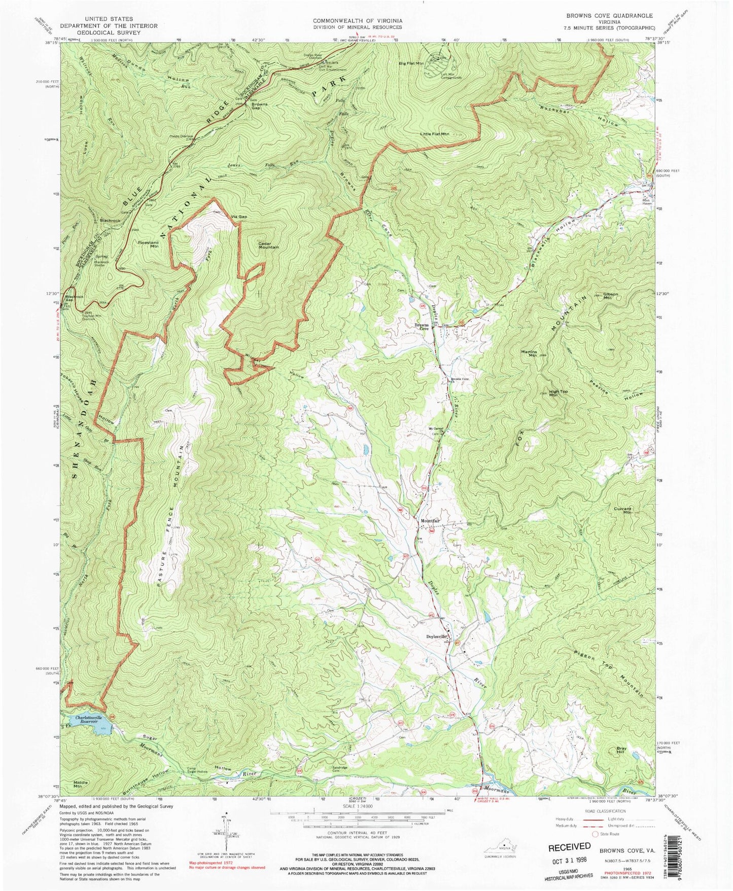Classic USGS Browns Cove Virginia 7.5'x7.5' Topo Map Image