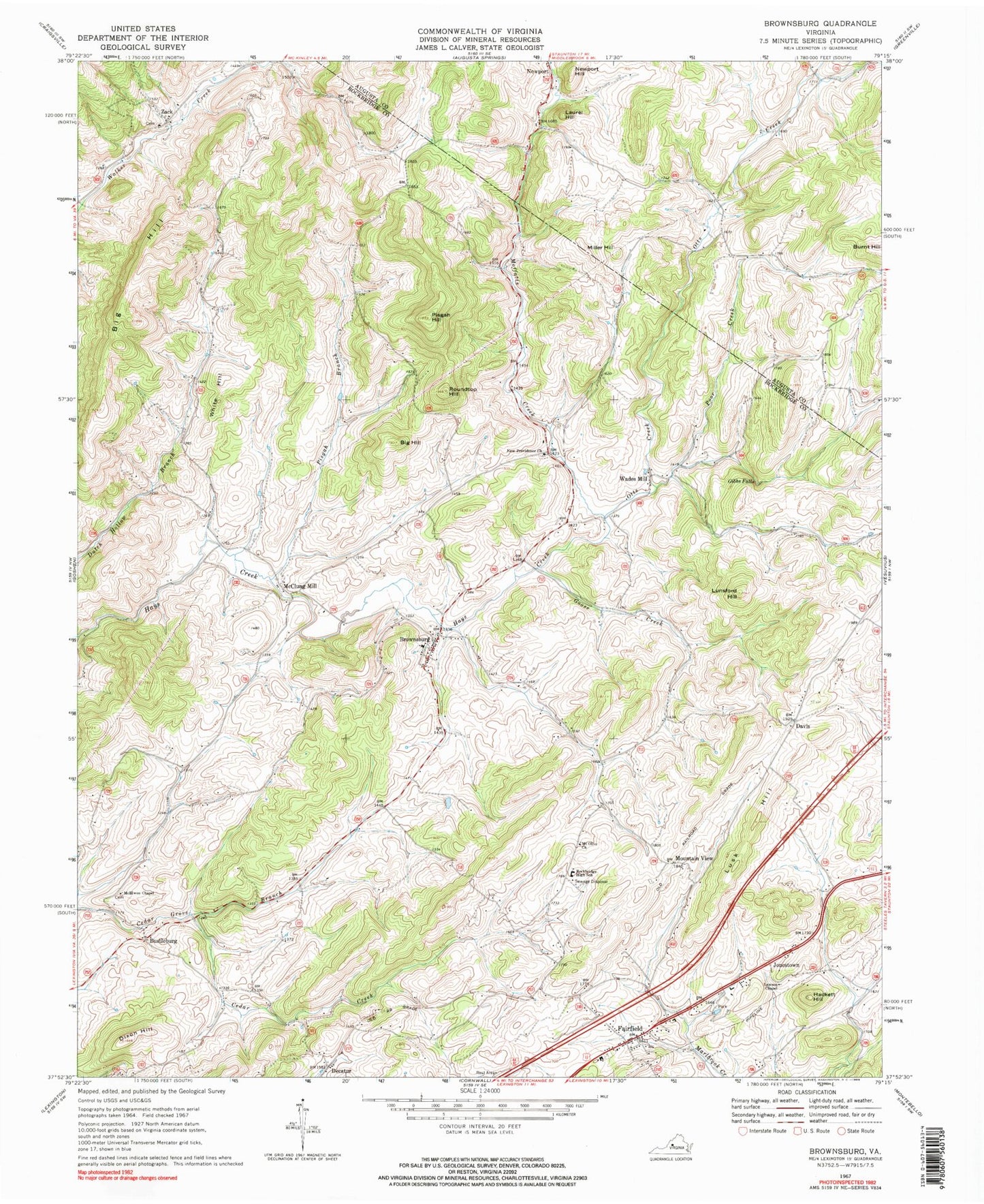 Classic USGS Brownsburg Virginia 7.5'x7.5' Topo Map Image
