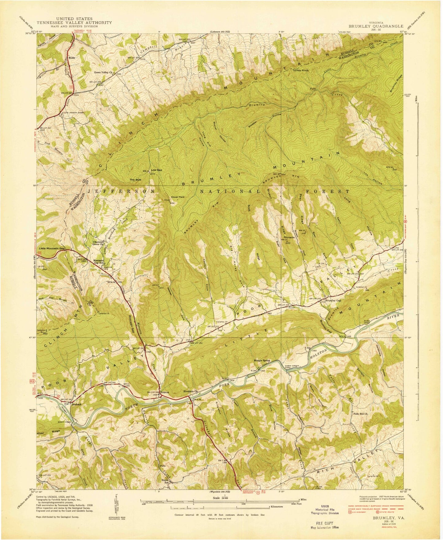 Classic USGS Brumley Virginia 7.5'x7.5' Topo Map Image