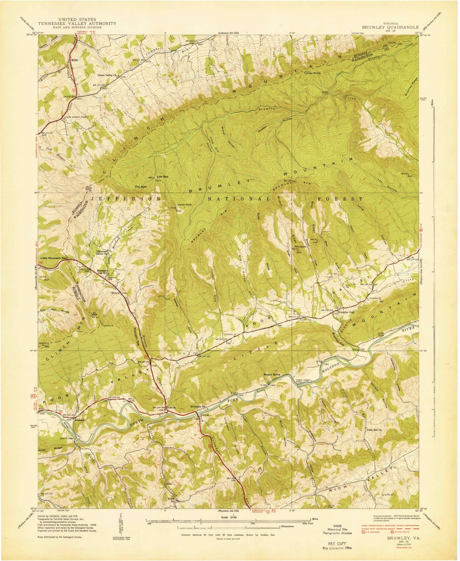 Classic USGS Brumley Virginia 7.5'x7.5' Topo Map Image