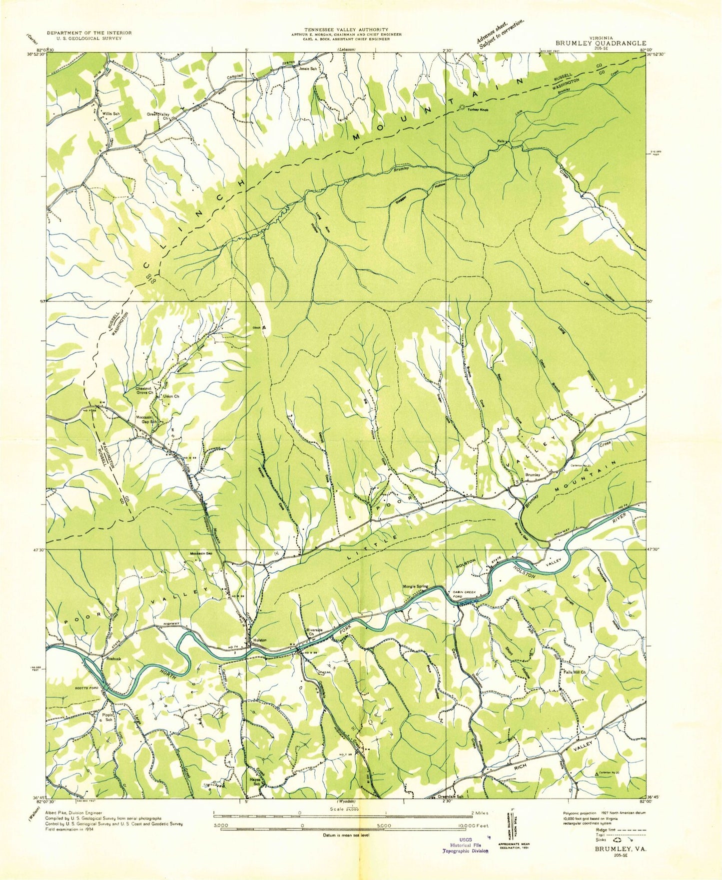 Classic USGS Brumley Virginia 7.5'x7.5' Topo Map Image