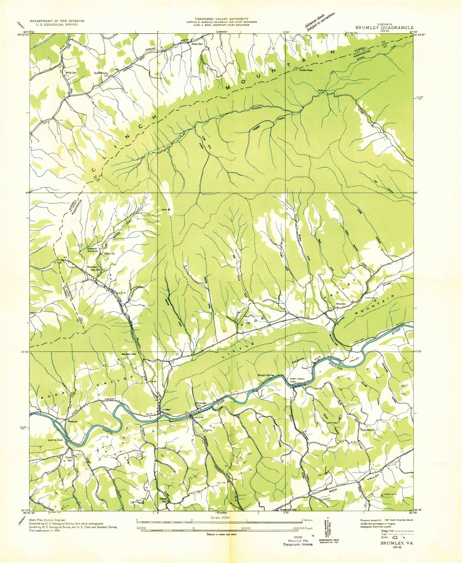 Classic USGS Brumley Virginia 7.5'x7.5' Topo Map Image