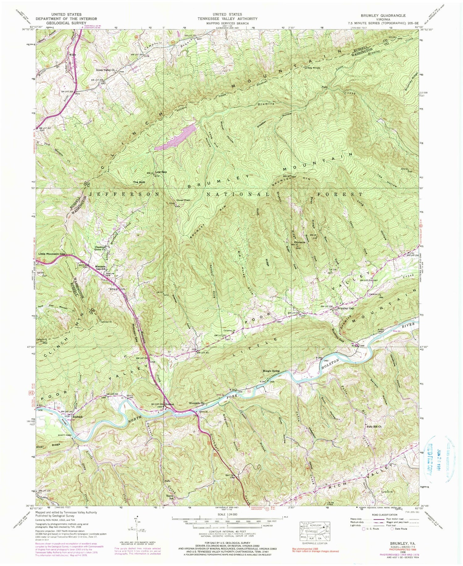 Classic USGS Brumley Virginia 7.5'x7.5' Topo Map Image