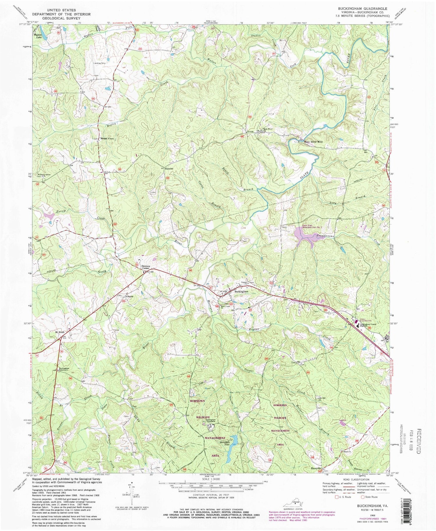 Classic USGS Buckingham Virginia 7.5'x7.5' Topo Map Image