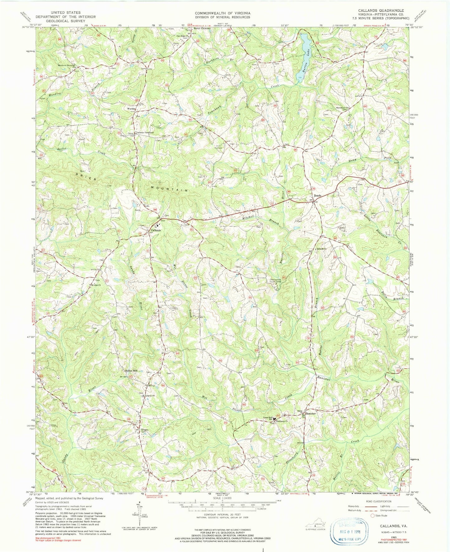 Classic USGS Callands Virginia 7.5'x7.5' Topo Map Image