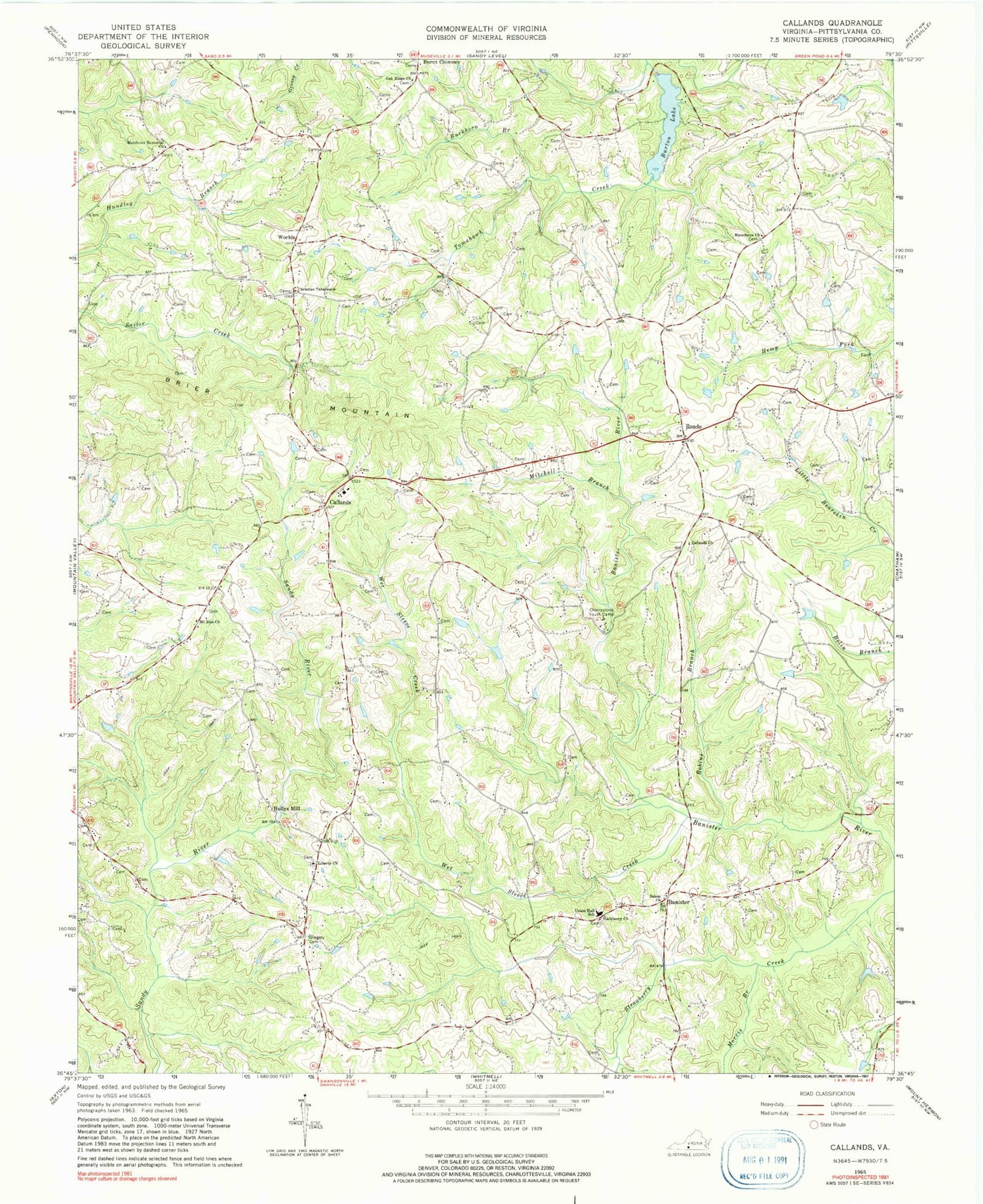 Classic USGS Callands Virginia 7.5'x7.5' Topo Map Image