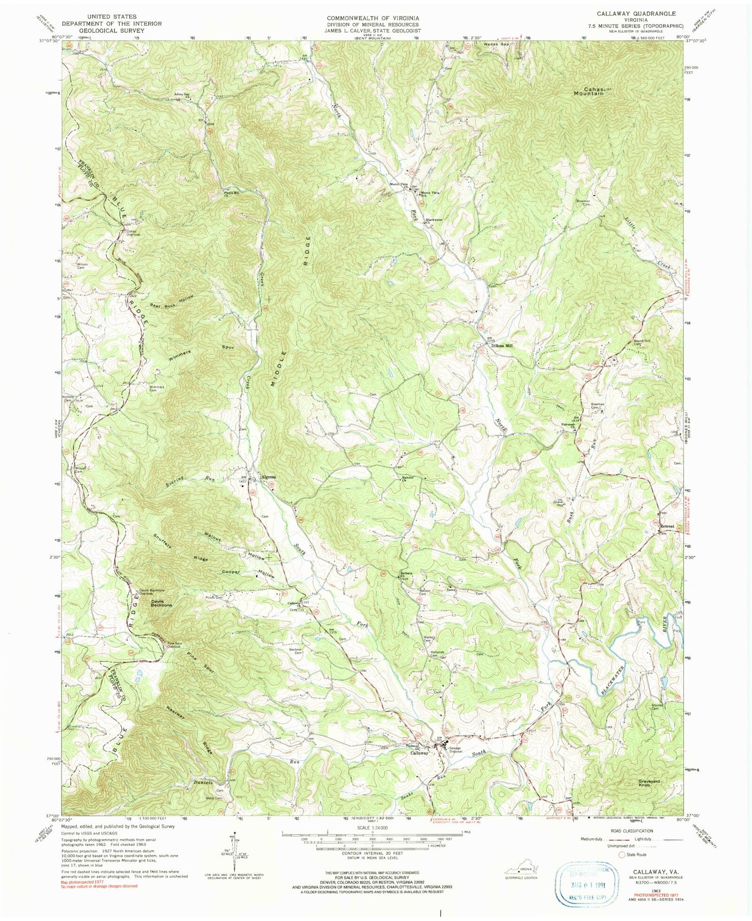 Classic USGS Callaway Virginia 7.5'x7.5' Topo Map Image