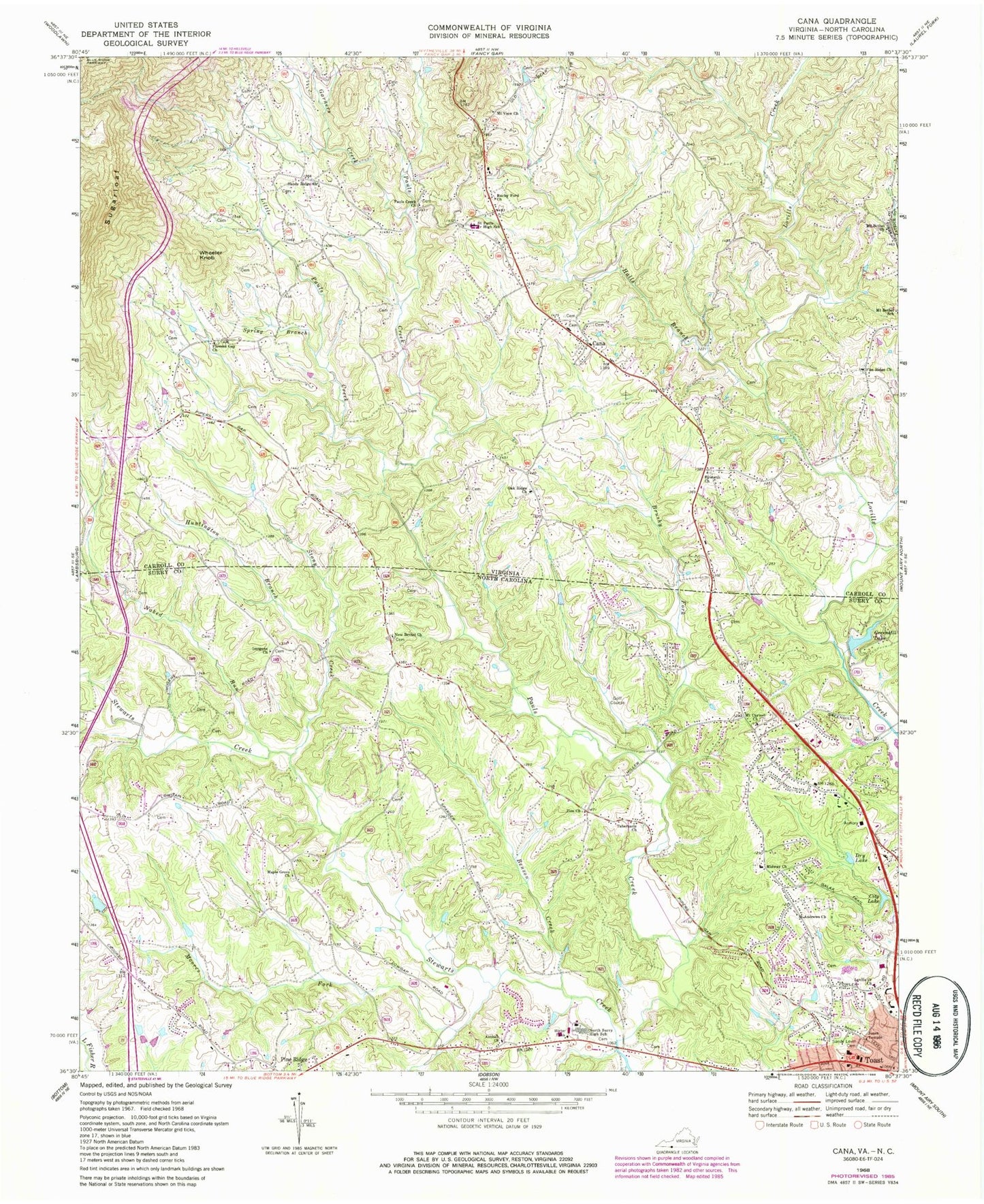 Classic USGS Cana Virginia 7.5'x7.5' Topo Map Image