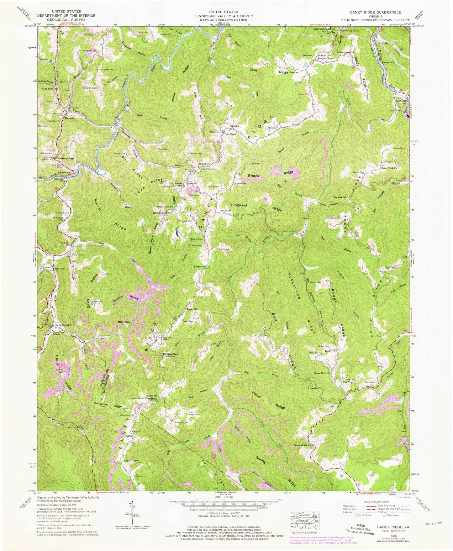 Classic USGS Caney Ridge Virginia 7.5'x7.5' Topo Map Image